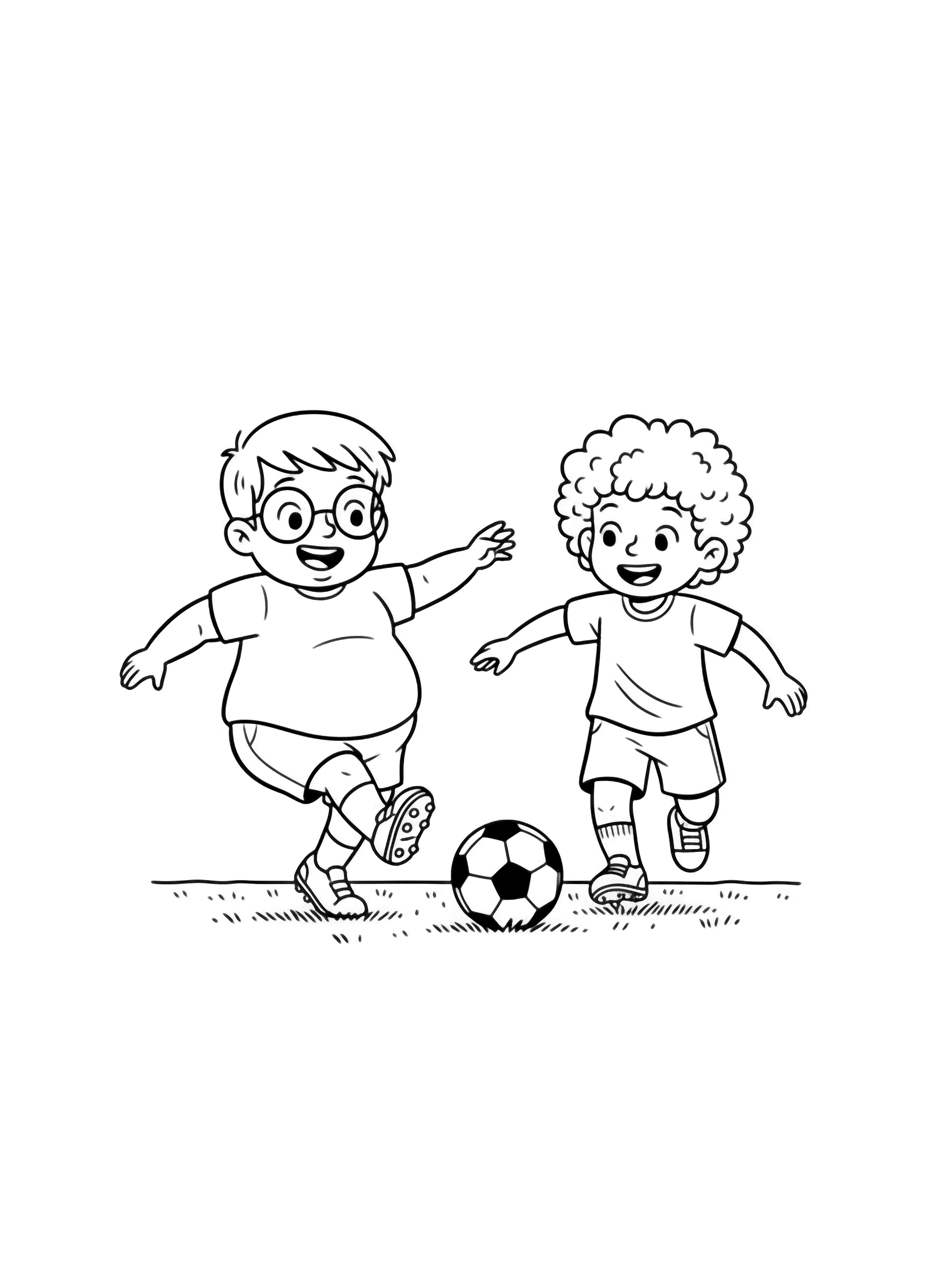 A black and white illustration of two happy 4 year old kids having fun playing soccer together on a simple grassy field One child wearing round glasses and a big smile kicks the ball with enthusiasm while the other child with curly hair runs alongside both wearing comfortable t shirts shorts and small soccer shoes The scene clean black and white line drawing minimal shading no colour no fill kleurplaat