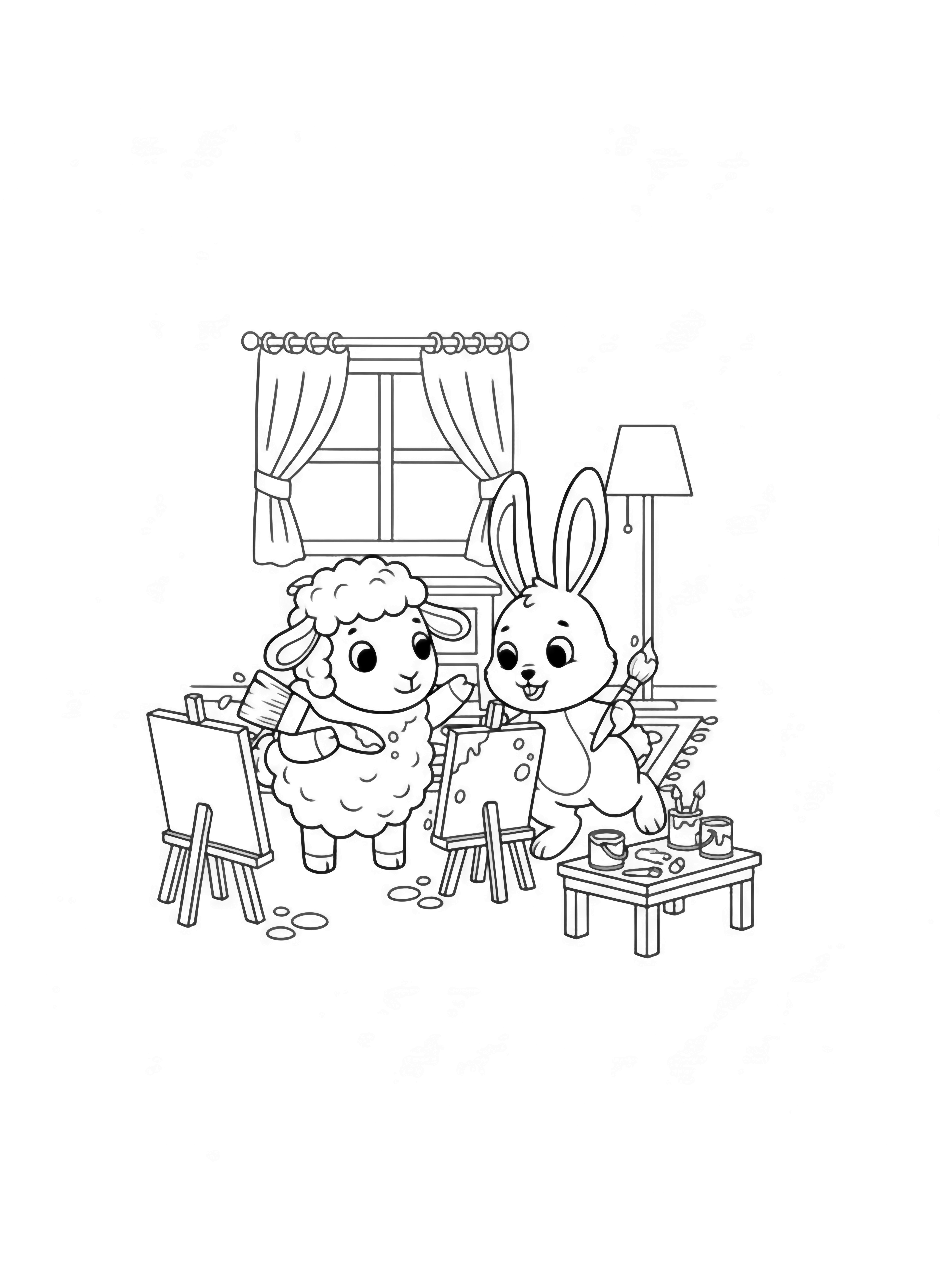 A cute cartoon sheep holds a brush next to a happy rabbit holding a paintbrush, both engaged with an easel, rendered in a simple page style. kleurplaat