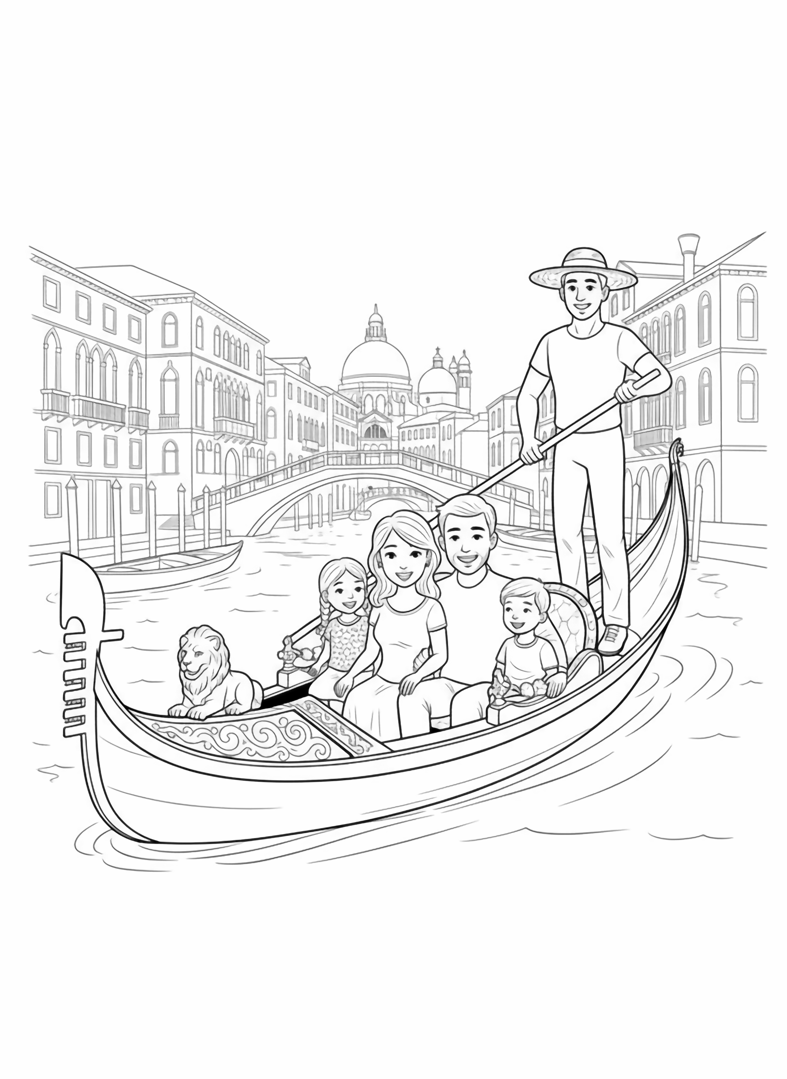 A black and white page showing a happy family riding in a classic Venetian gondola The smiling gondolier stands at the back with his long oar wearing a striped shirt and straw hat Inside the boat a joyful family of four sits close together parents gently holding hands while their two excited clean black and white line drawing minimal shading no colour no fill kleurplaat