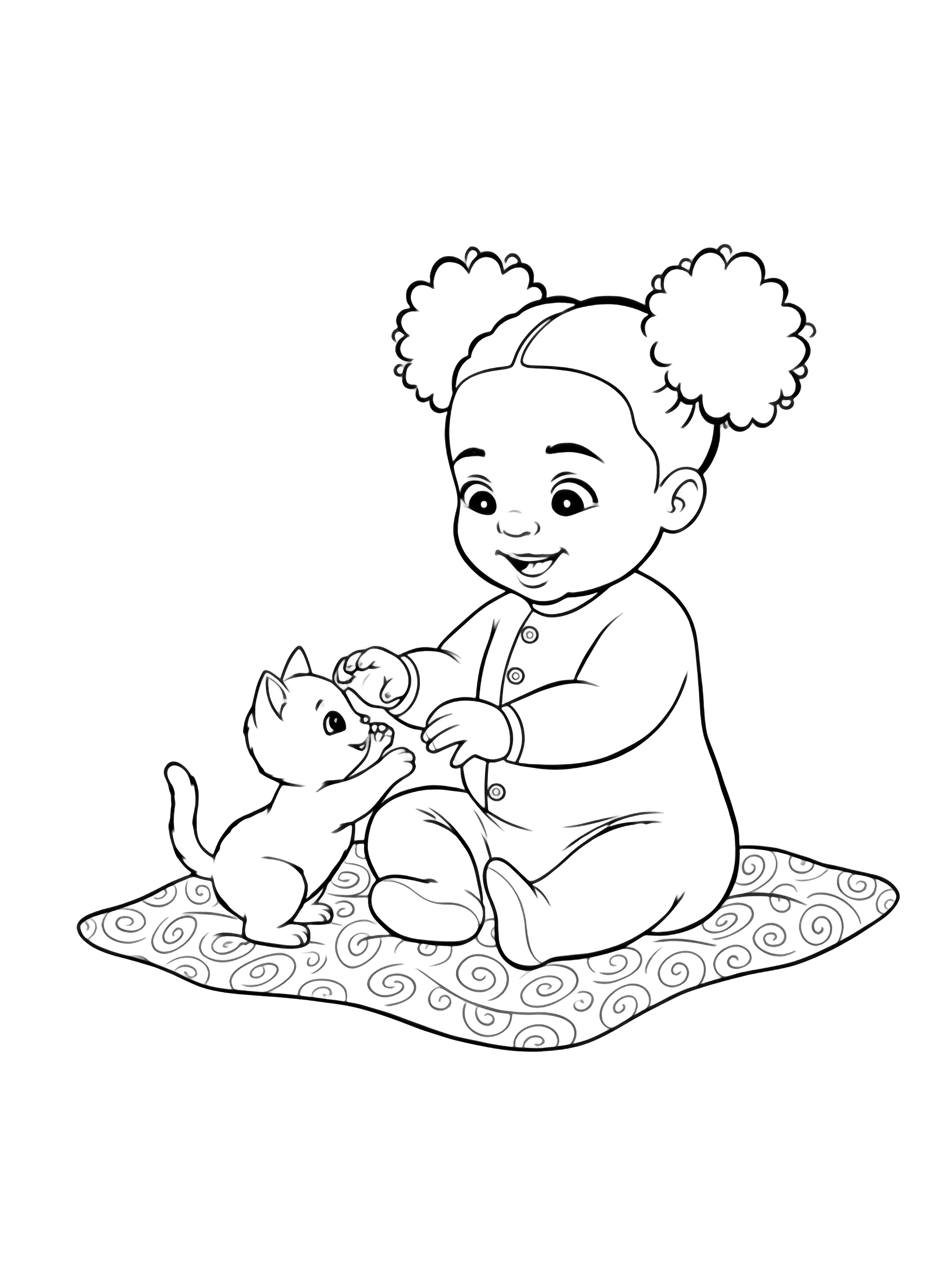A black and white page showing a joyful baby girl of African descent playing happily with a tiny kitten The baby has curly hair styled in cute puffballs wearing a simple onesie with a heart pattern She sits on a soft blanket reaching out with chubby hands to pet the playful kitten that bats at clean black and white line drawing minimal shading no colour no fill kleurplaat