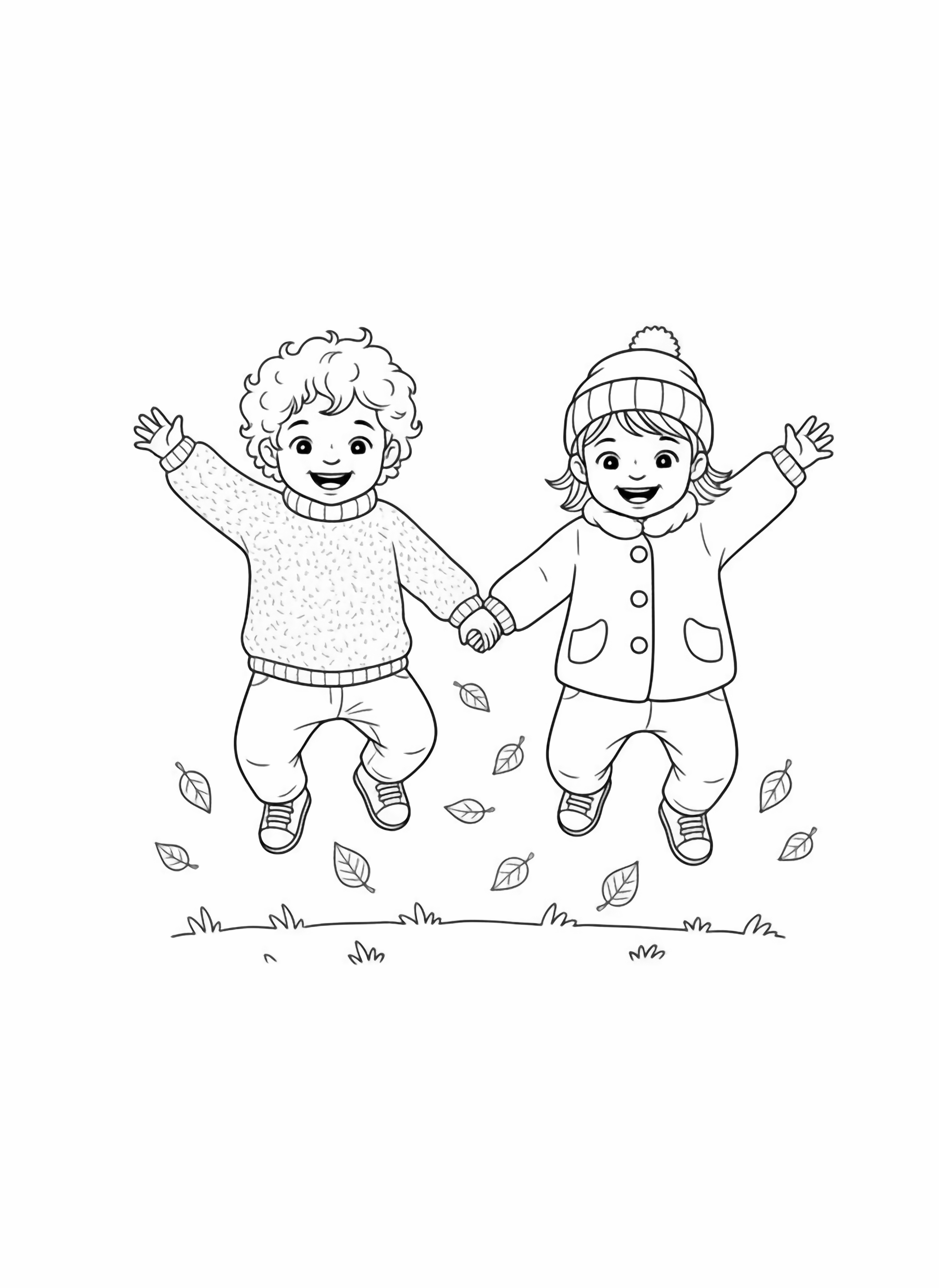 A black and white page showing two cheerful toddlers holding hands and jumping together in a pile of autumn leaves One child has curly hair and wears a cozy sweater with a happy smile while the other has straight hair tucked under a cute beanie hat wearing a jacket with big buttons Their feet are lifted off the clean black and white line drawing minimal shading no colour no fill kleurplaat