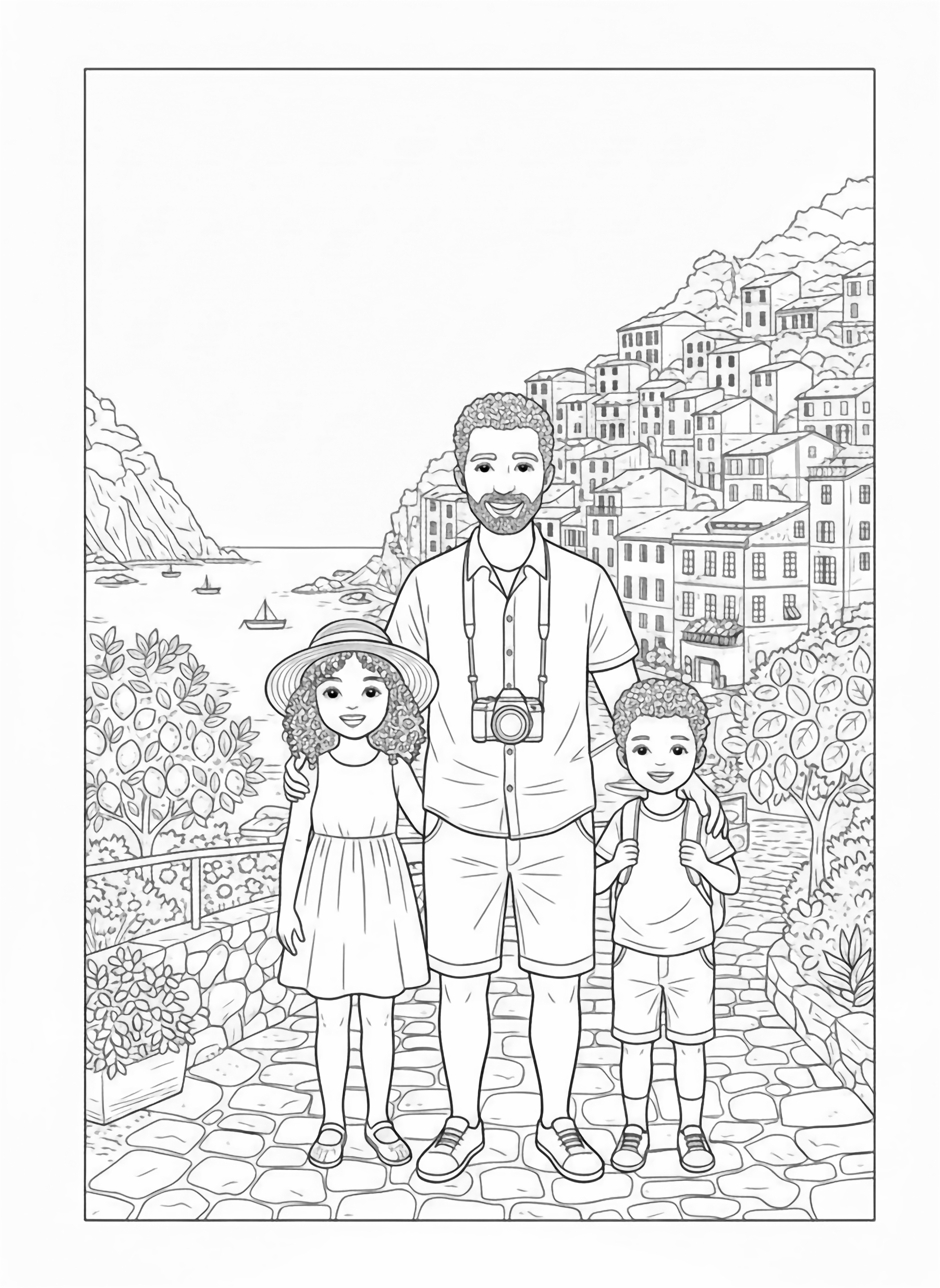 A black and white page showing a happy father with his son and daughter on vacation in Italy's Cinque Terre The father wears a casual shirt and holds a camera around his neck while the son carries a small backpack and the daughter wears a sun hat with a ribbon They're standing on a charming stone path clean black and white line drawing minimal shading no colour no fill kleurplaat