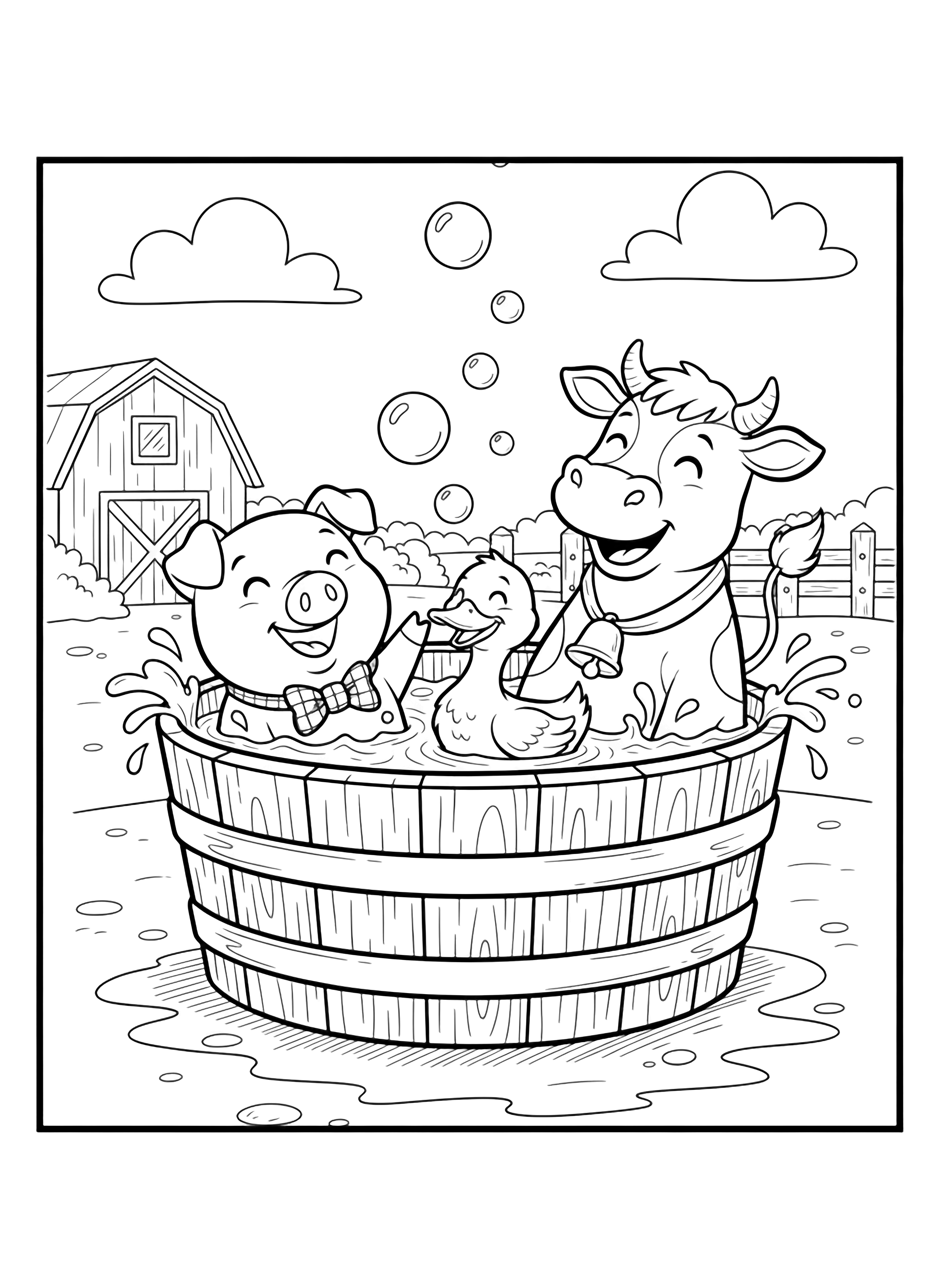 A black and white page showing a big wooden washtub in the middle of a sunny farmyard Inside the tub a happy pig a smiling cow and a giggling duck splash together with simple round bubbles floating above them The pig wears a tiny checked bow the cow has a bell on a ribbon clean black and white line drawing minimal shading no colour no fill kleurplaat