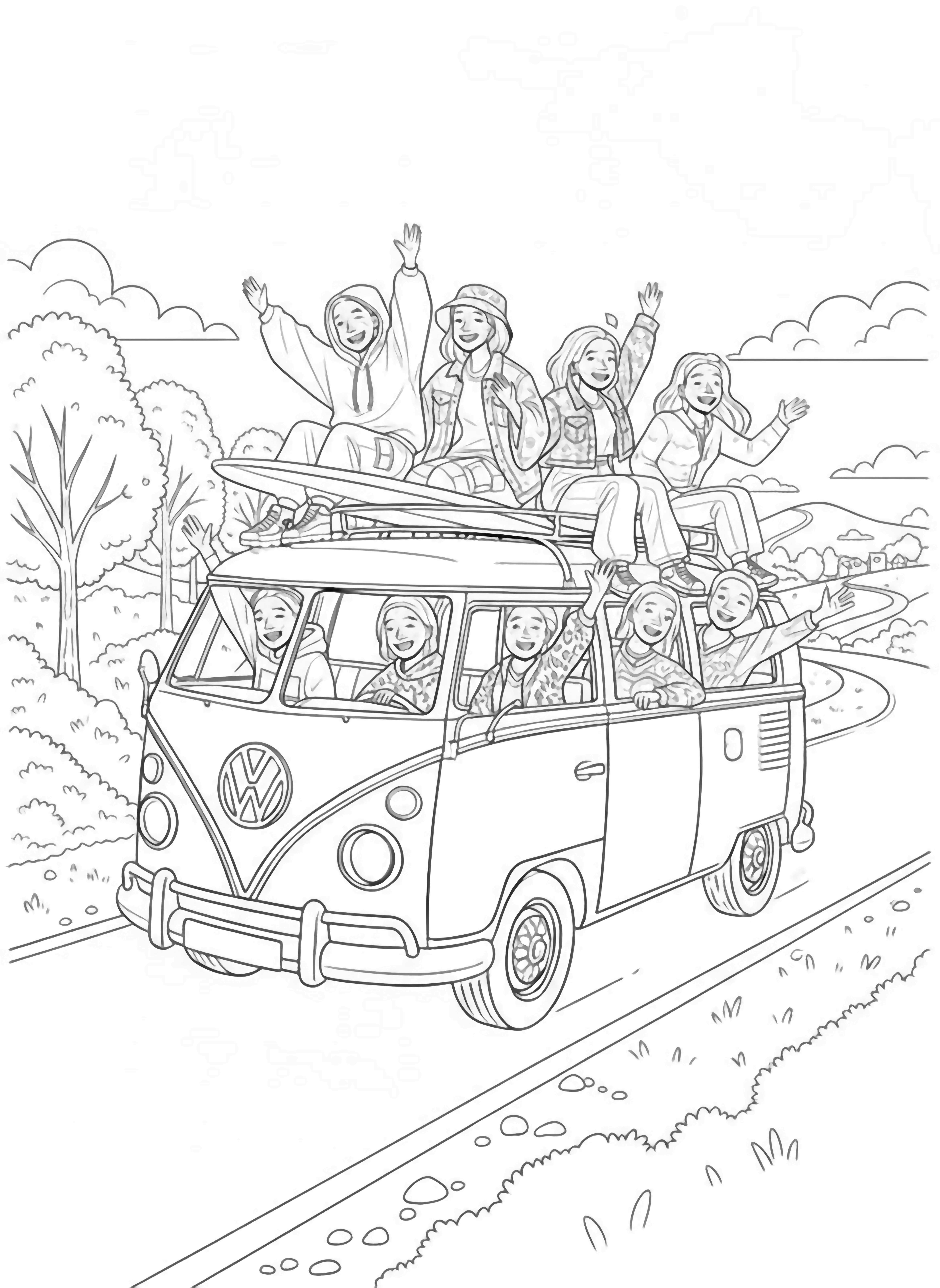 A black and white page showing a cheerful group of friends from around the world riding together in a stylish vintage Volkswagen van The van has classic rounded curves and a pop top roof with big smiles visible through its open windows Some friends happily lean out waving their hair flowing in the autumn breeze The van drives clean black and white line drawing minimal shading no colour no fill kleurplaat