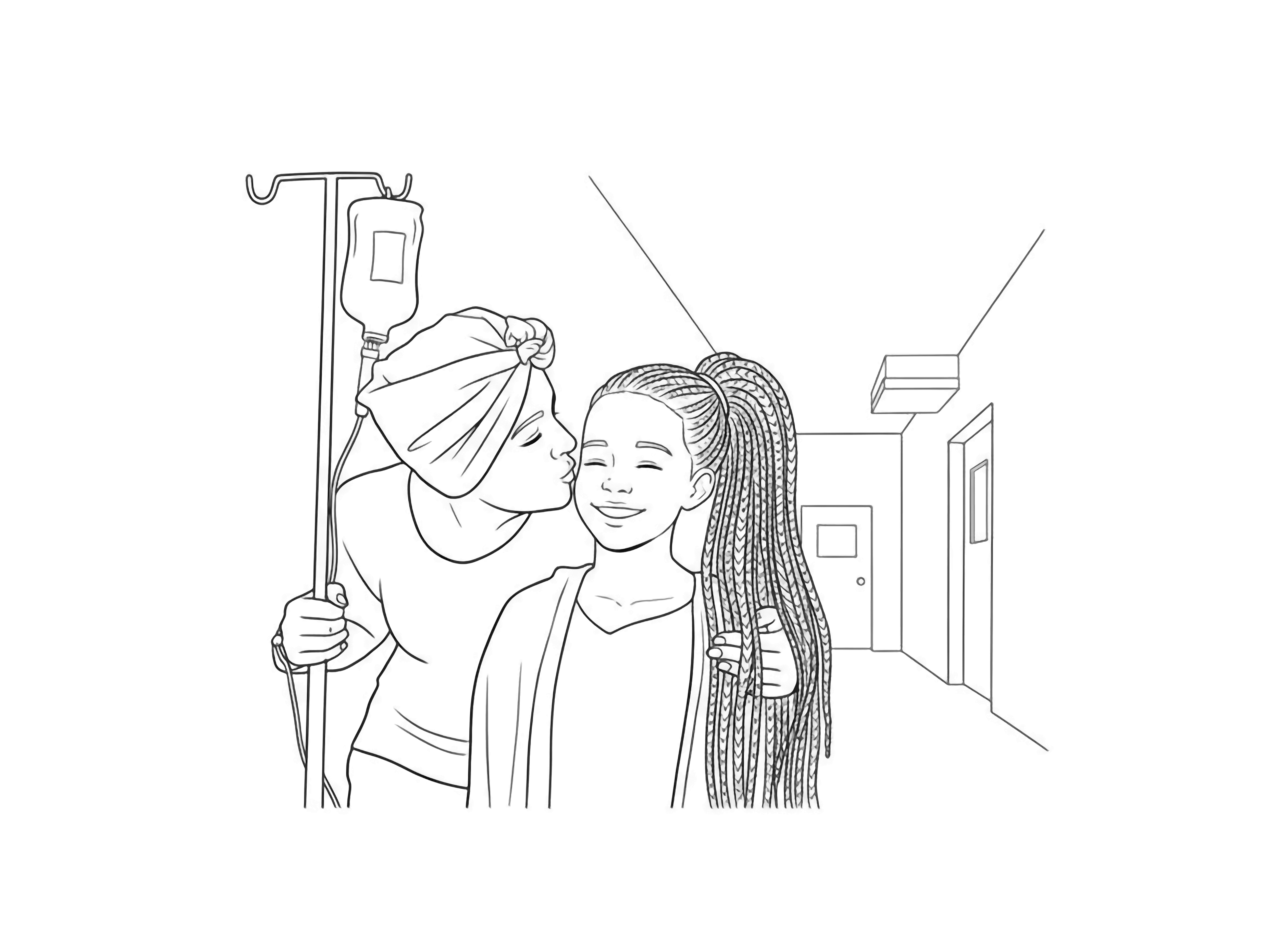 A kind woman in a headwrap kisses a young girl with braided hair on the cheek, both smiling brightly, set within a simple hospital corridor. kleurplaat