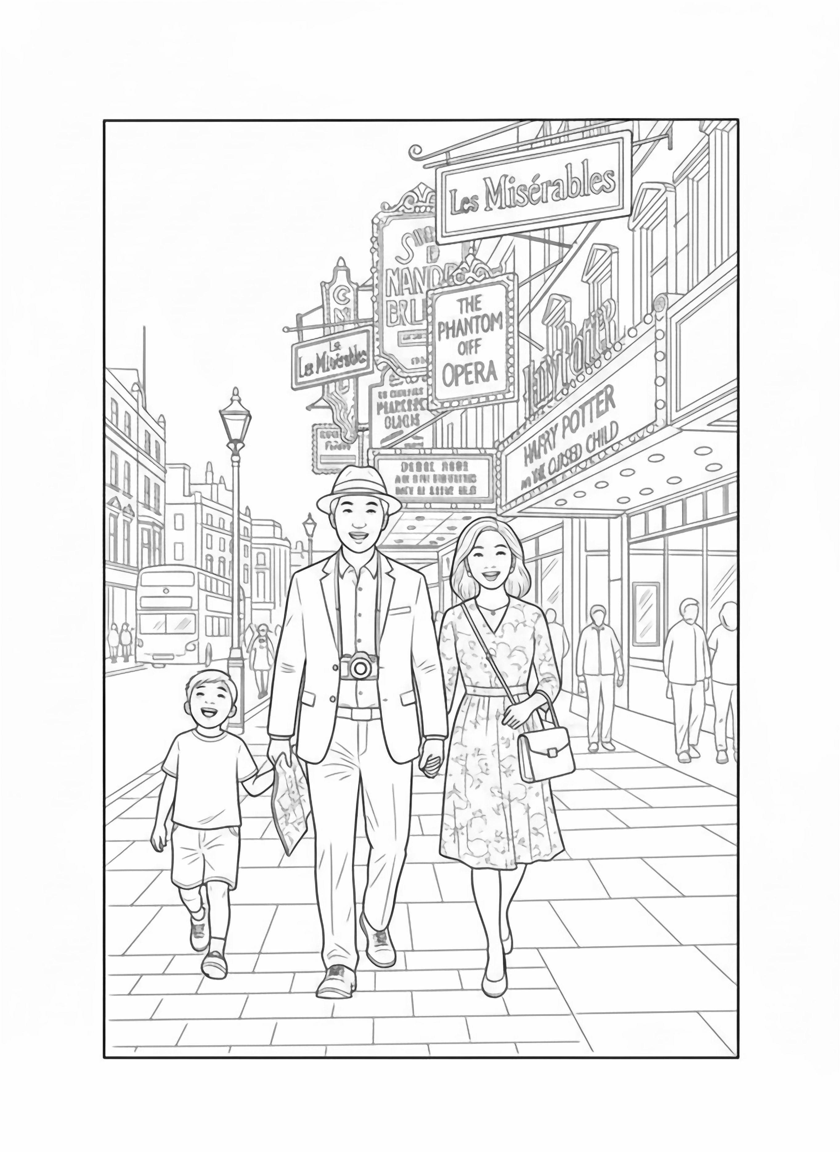 A black and white page showing a happy Chinese family of four enjoying their evening on Shaftesbury Avenue in London The parents walk hand in hand while their two children excitedly point at the dazzling theater signs above them The father carries a camera around his neck and a map of London while the mother holds clean black and white line drawing minimal shading no colour no fill kleurplaat