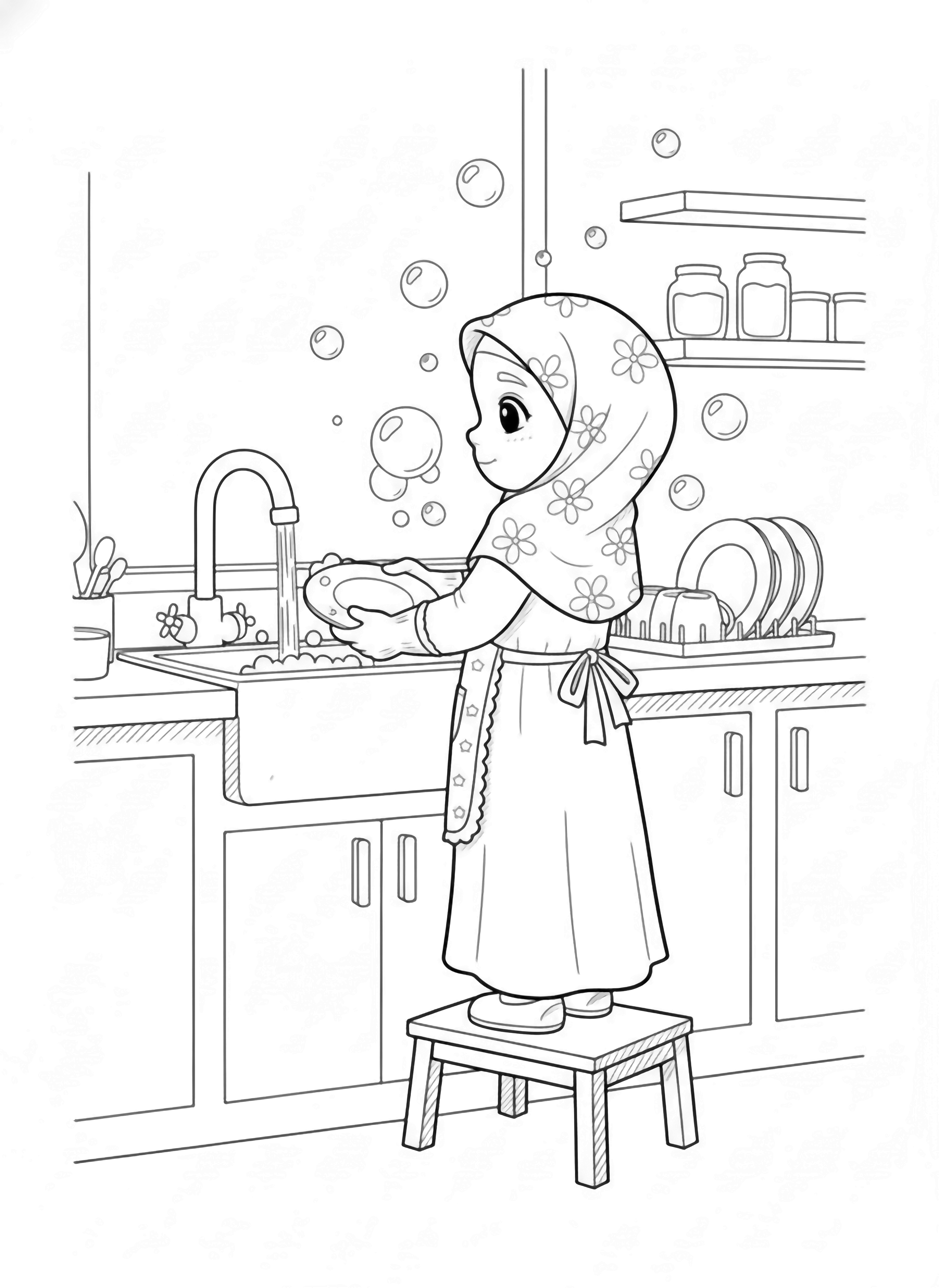 A black and white page of a cheerful little Muslim girl washing dishes in a cozy kitchen She wears a cute hijab with a floral pattern and a small apron dotted with stars Standing on a sturdy step stool she carefully washes a plate smiling as soap bubbles float around her like tiny balloons The sink clean black and white line drawing minimal shading no colour no fill kleurplaat