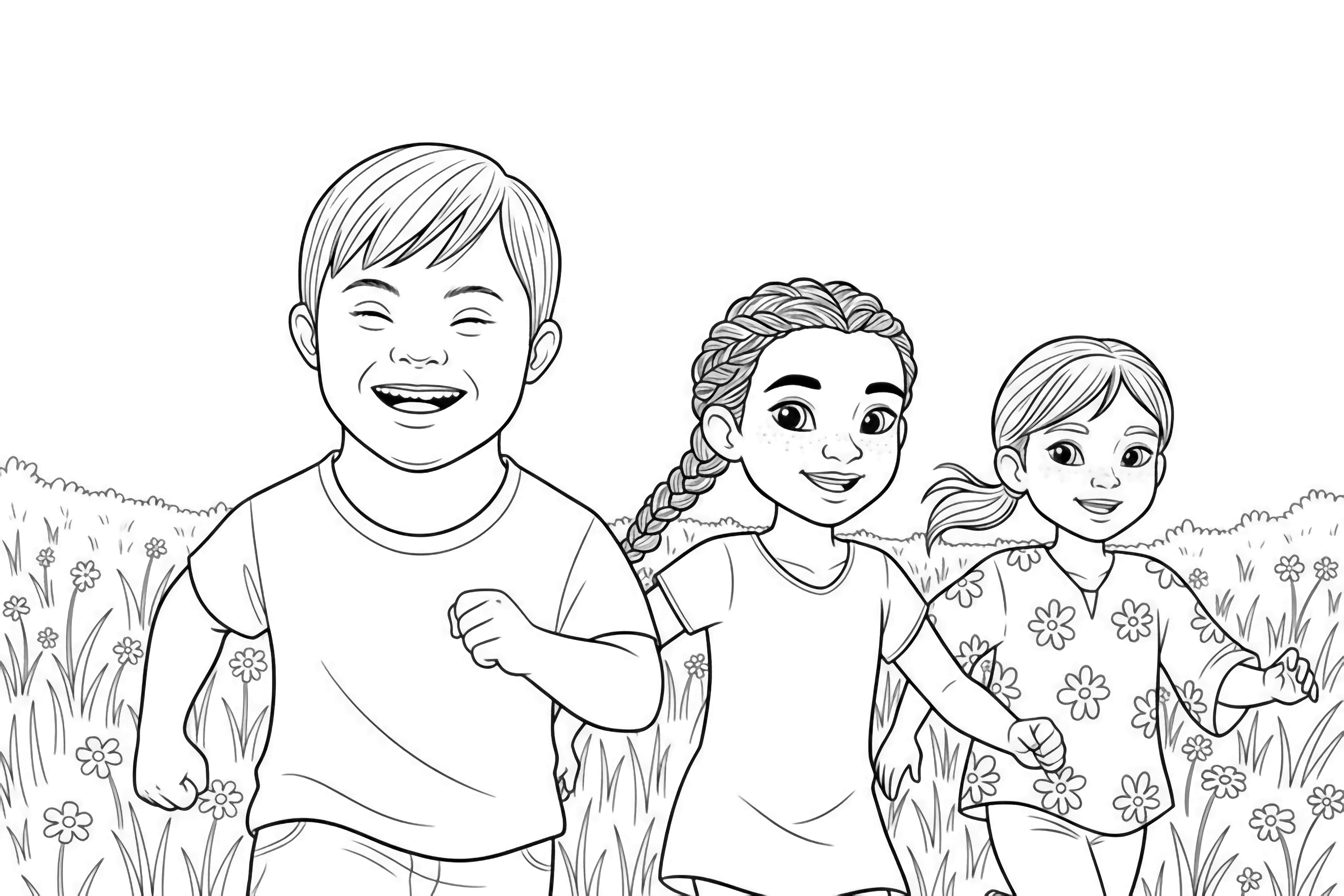 A smiling young girl with long brown hair and bangs, missing front teeth, looking forward in a simplified playground setting, rendered in a book style. kleurplaat