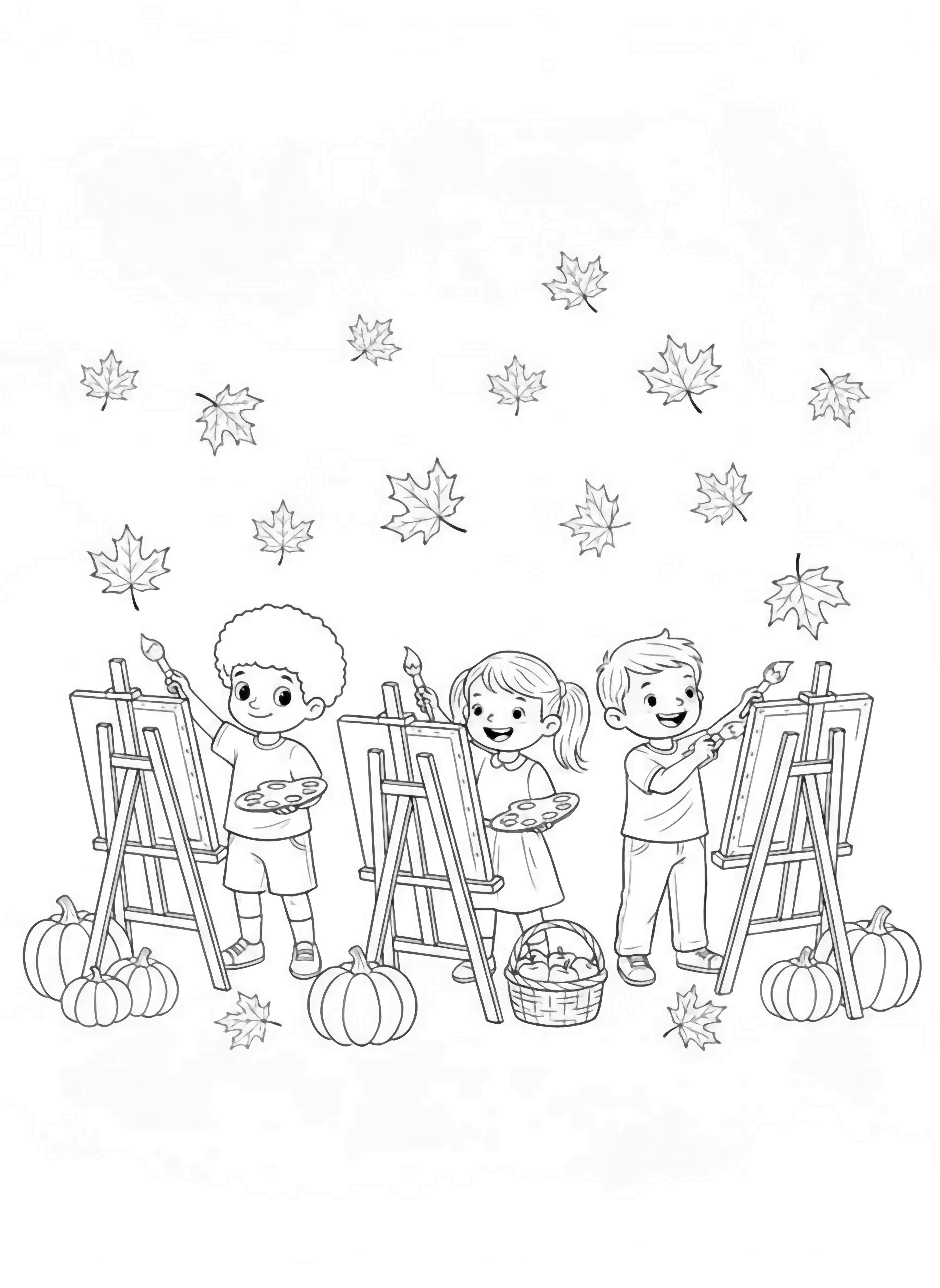 A black and white page showing three cheerful children standing side by side at their own easels Each child is painting on a canvas with broad joyful strokes The scene captures autumn vibes around them: maple leaves gently falling from above pumpkins sitting on the grass and a small basket of apples The children wear clean black and white line drawing minimal shading no colour no fill kleurplaat