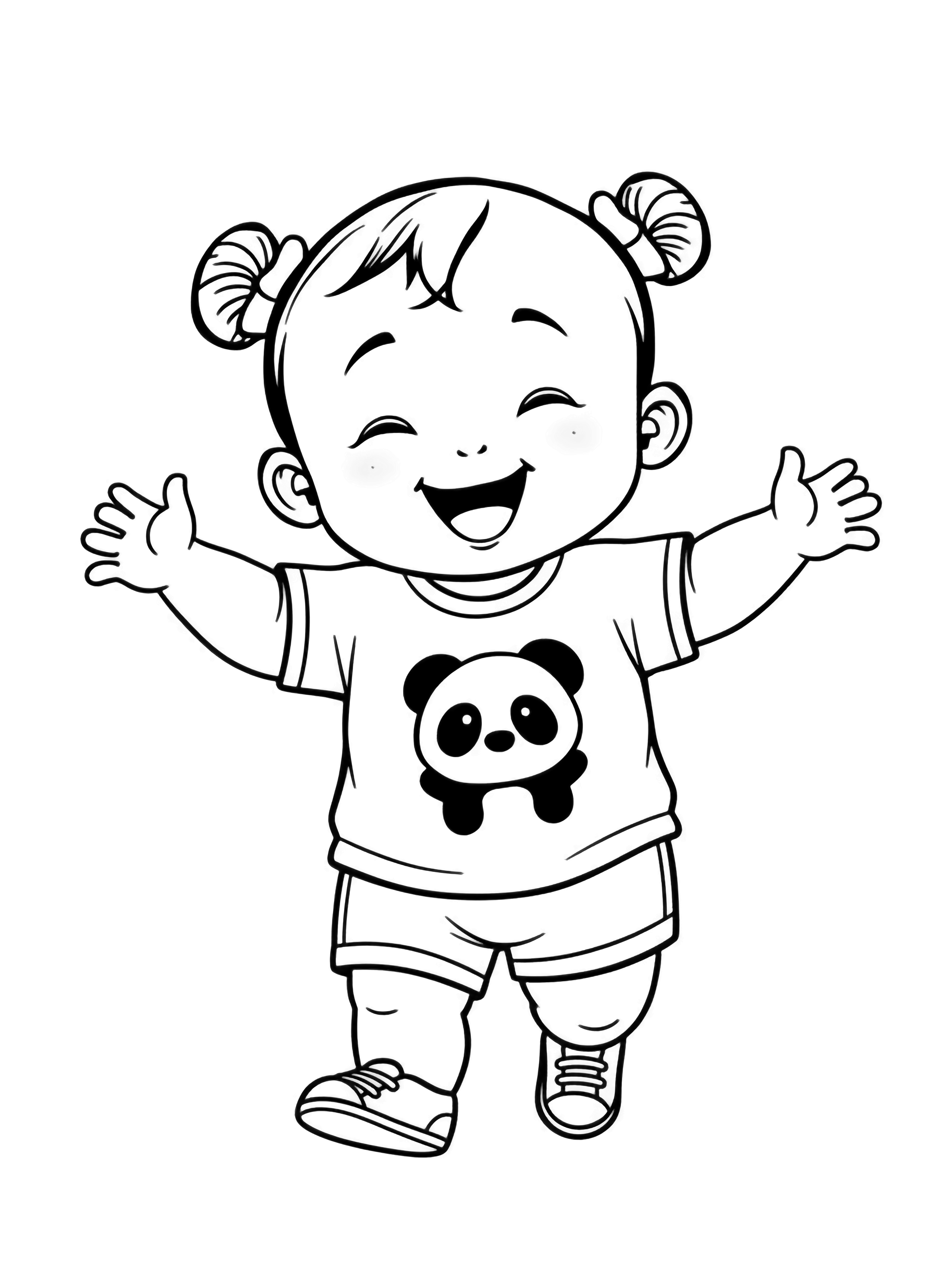 A black and white page showing a joyful Chinese baby taking her very first steps The baby wears a traditional onesie with a cute panda embroidered on the front her hair tied up in two tiny pigtails with small bows She holds her arms out for balance her face beaming with pride and excitement clean black and white line drawing minimal shading no colour no fill kleurplaat