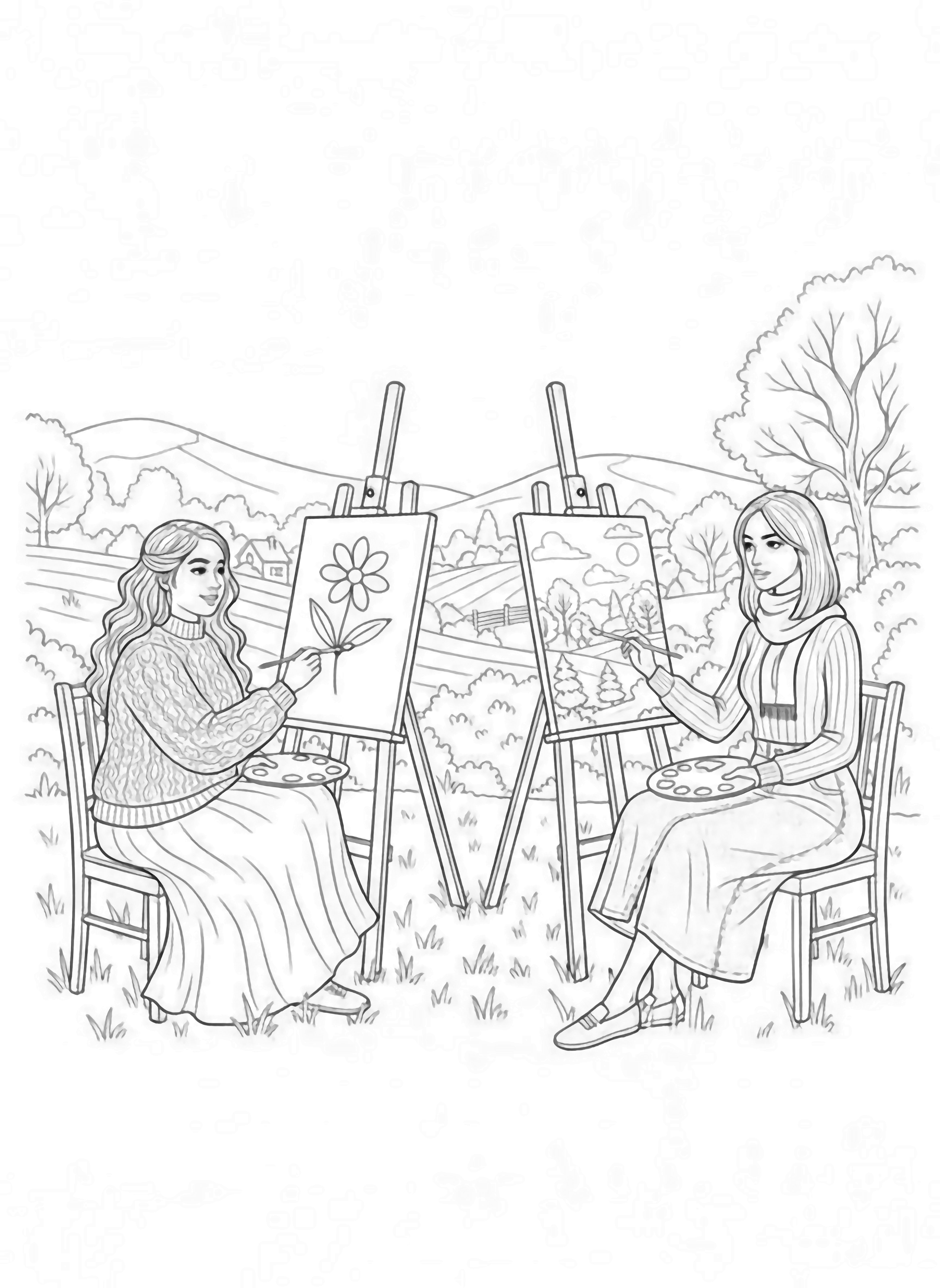A black and white page showing two women sitting across from each other in a spacious autumn garden each painting the other's portrait on large canvases propped on wooden easels Their hair is gently tousled by a soft breeze and they wear cozy sweaters and long skirts Behind them stretches a rolling countryside view with clean black and white line drawing minimal shading no colour no fill kleurplaat
