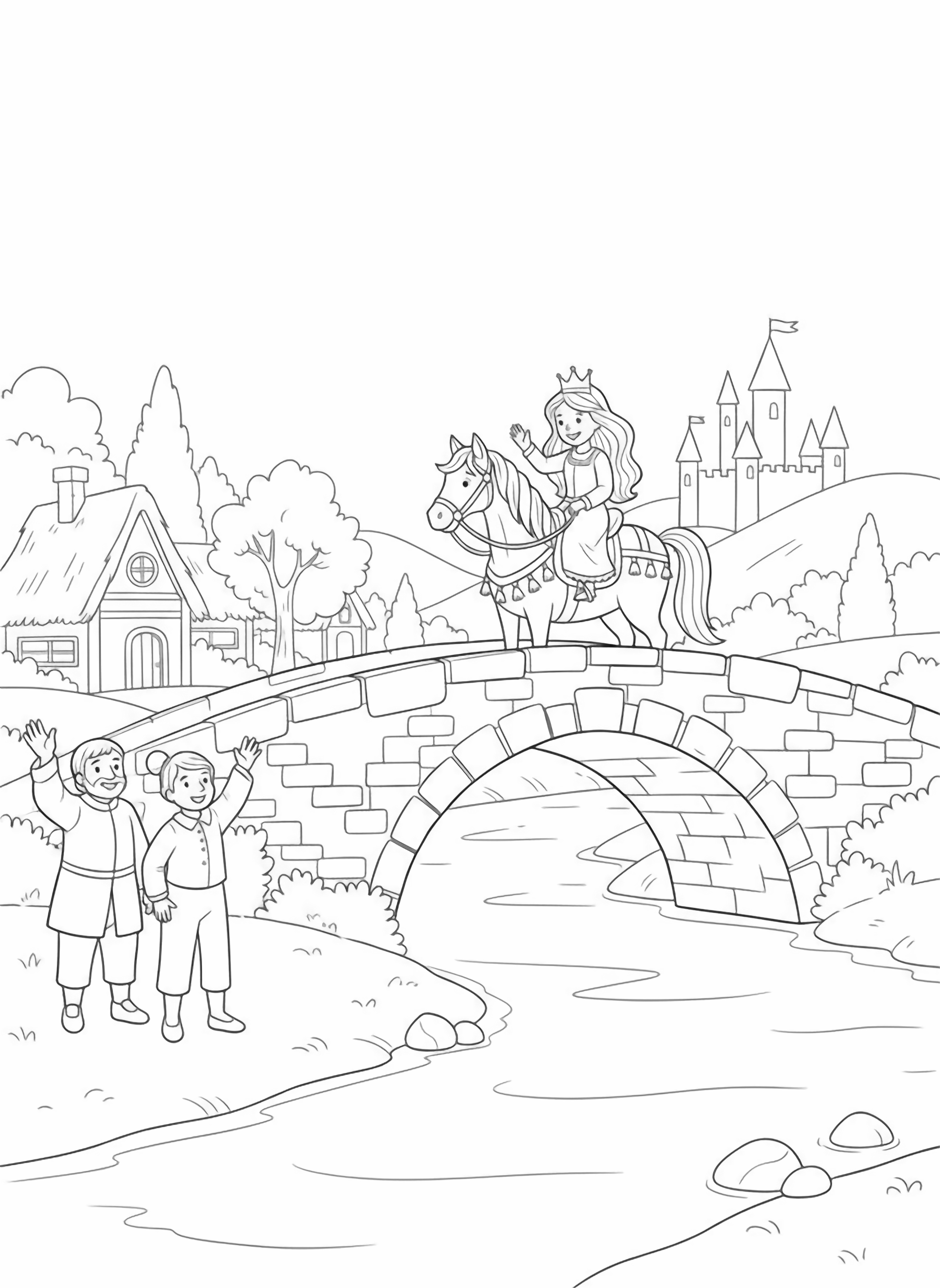 A black and white page of a cheerful medieval fairy tale scene A kind princess with long flowing hair sits atop a gentle horse waving to villagers from a stone bridge that arches over a peaceful river The horse is decorated with a simple bridle and small decorative tassels The princess wears a simple crown and clean black and white line drawing minimal shading no colour no fill kleurplaat