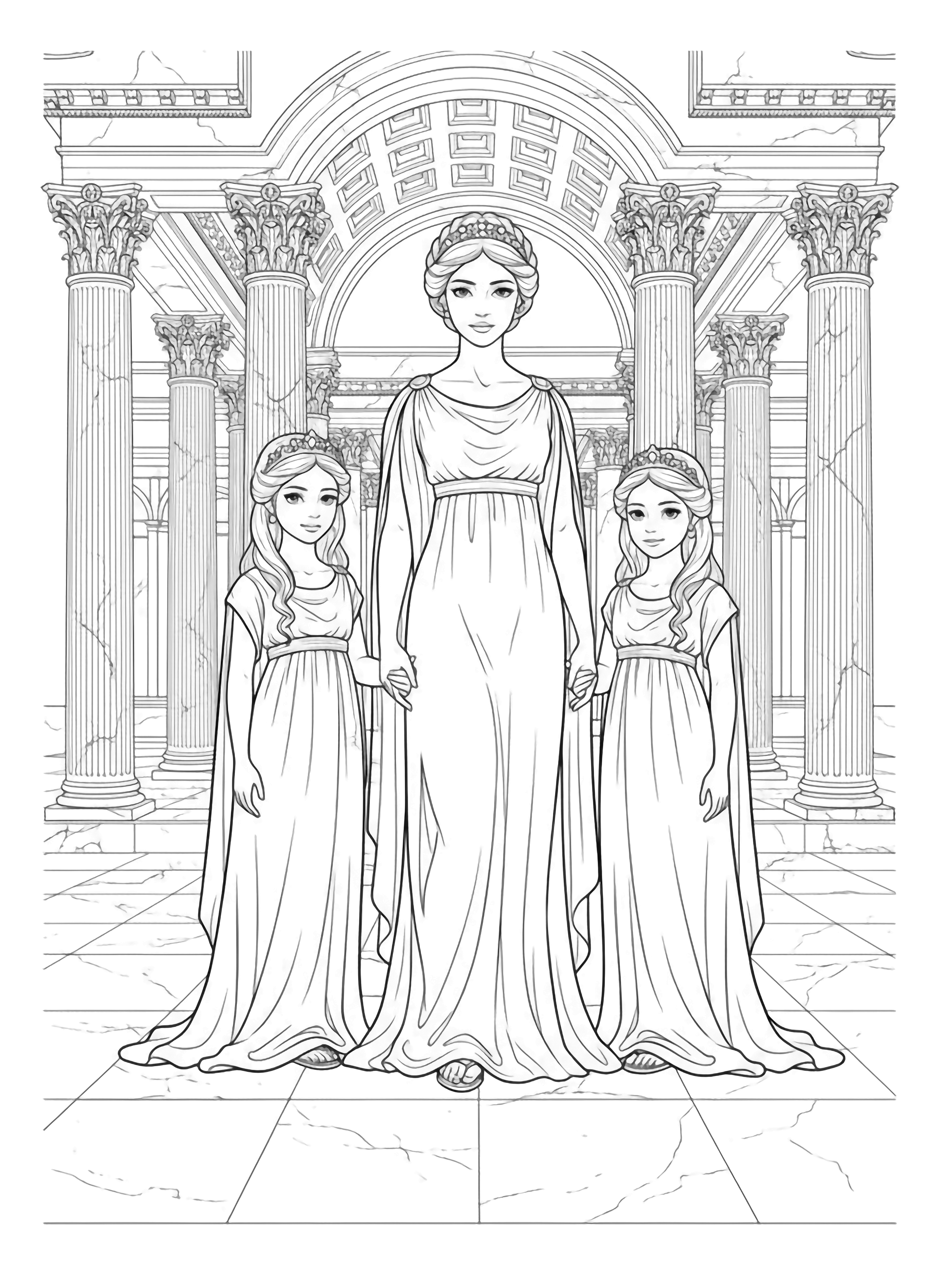 A black and white page illustration of a graceful Roman empress princess with her two princess daughters all wearing magnificent pattern free silk gowns that flow in elegant folds around their feet The mother princess stands tall with her hair pinned up in a regal Roman style while her daughters each have their own unique hair arrangements clean black and white line drawing minimal shading no colour no fill kleurplaat