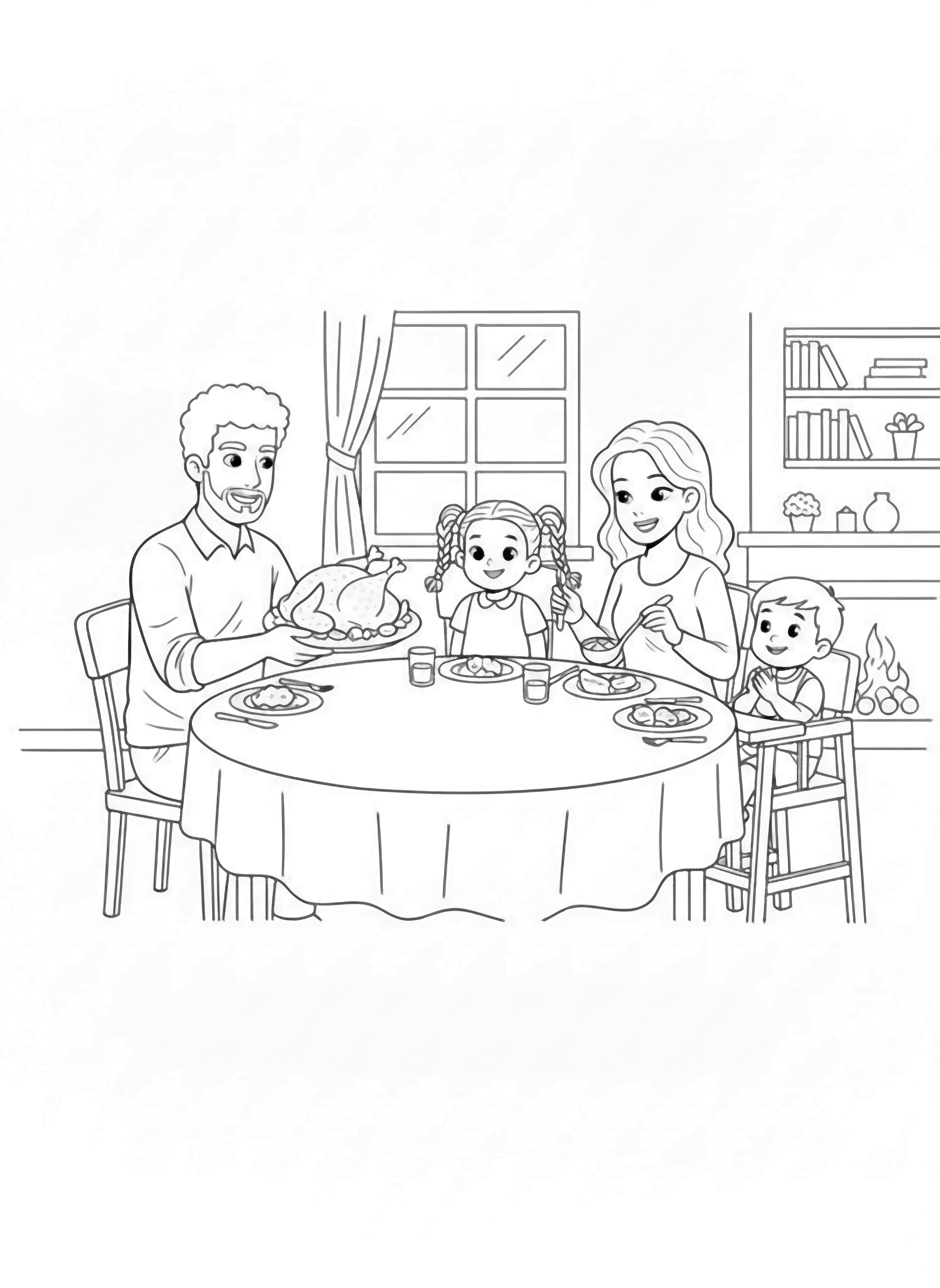 A black and white page showing a happy family gathered around a cozy dinner table The father is smiling as he passes a large serving dish while the mother lovingly places food on the children's plates Two cheerful children are seated one is excitedly holding up a fork with a bite of food the other is gigg clean black and white line drawing minimal shading no colour no fill kleurplaat