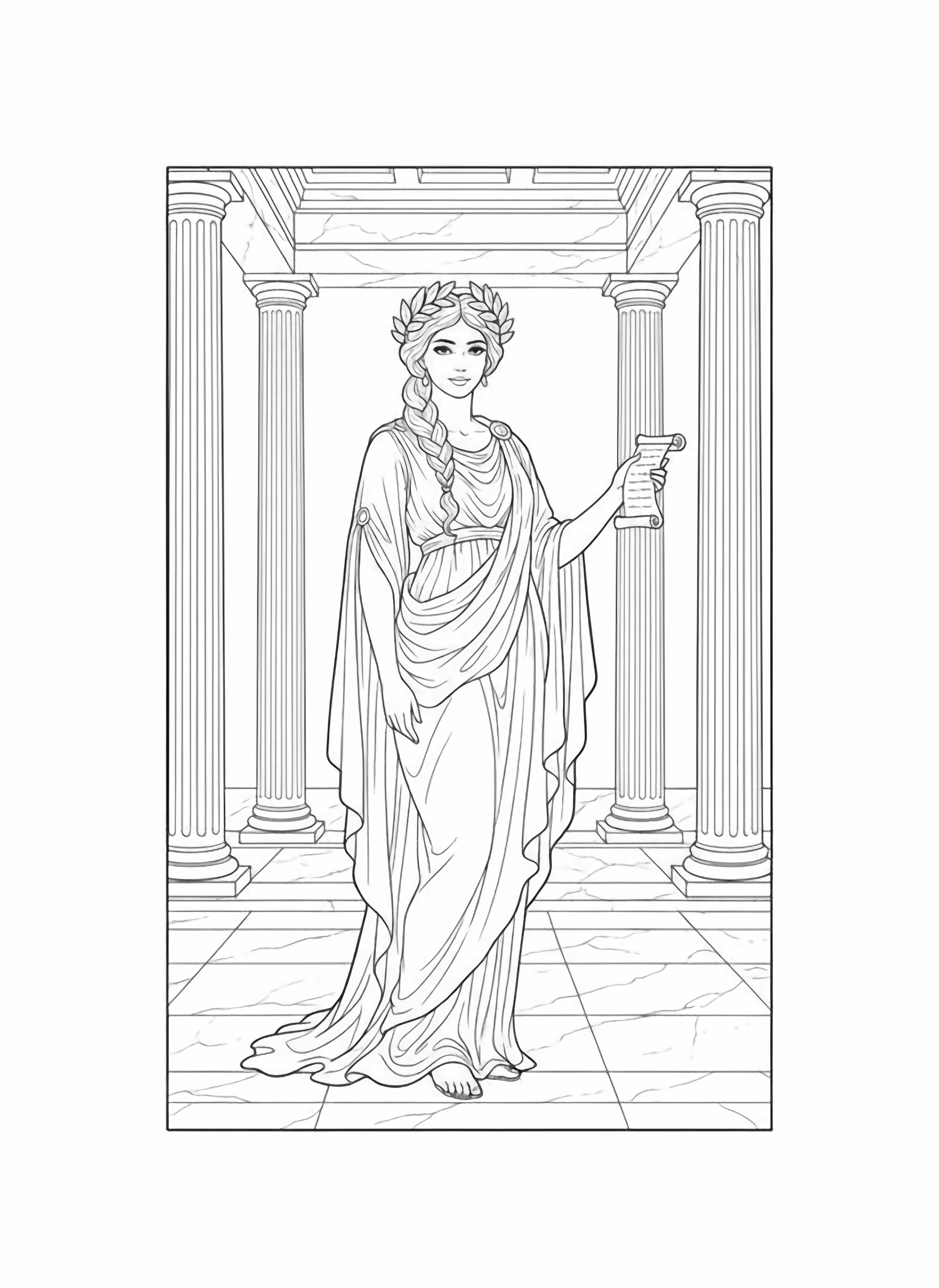 A black and white page of a graceful Roman princess She wears flowing robes with delicate draped folds a laurel wreath crown atop her elegantly braided hair She stands in a marble columned courtyard with climbing grapevines holding a scroll in one hand A friendly peacock rests at her feet while clean black and white line drawing minimal shading no colour no fill kleurplaat