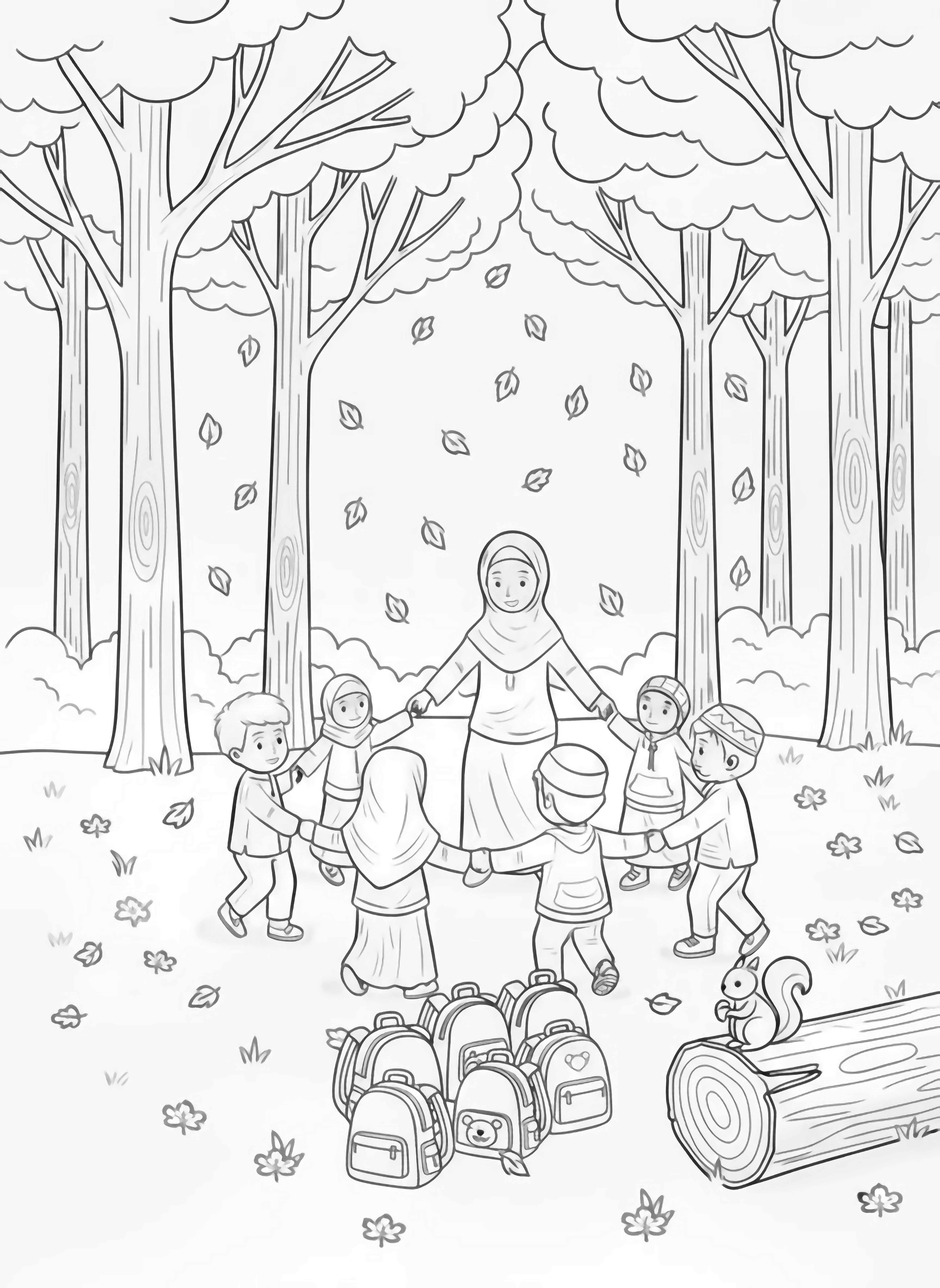 A black and white page showing cheerful children wearing hijabs and kufis playing joyfully with their kind teacher in a spacious autumn forest The teacher smiling warmly joins their circle game beneath tall trees whose branches are releasing a gentle cascade of leaves Playful squirrels perch on tree stumps nibbling ac clean black and white line drawing minimal shading no colour no fill kleurplaat