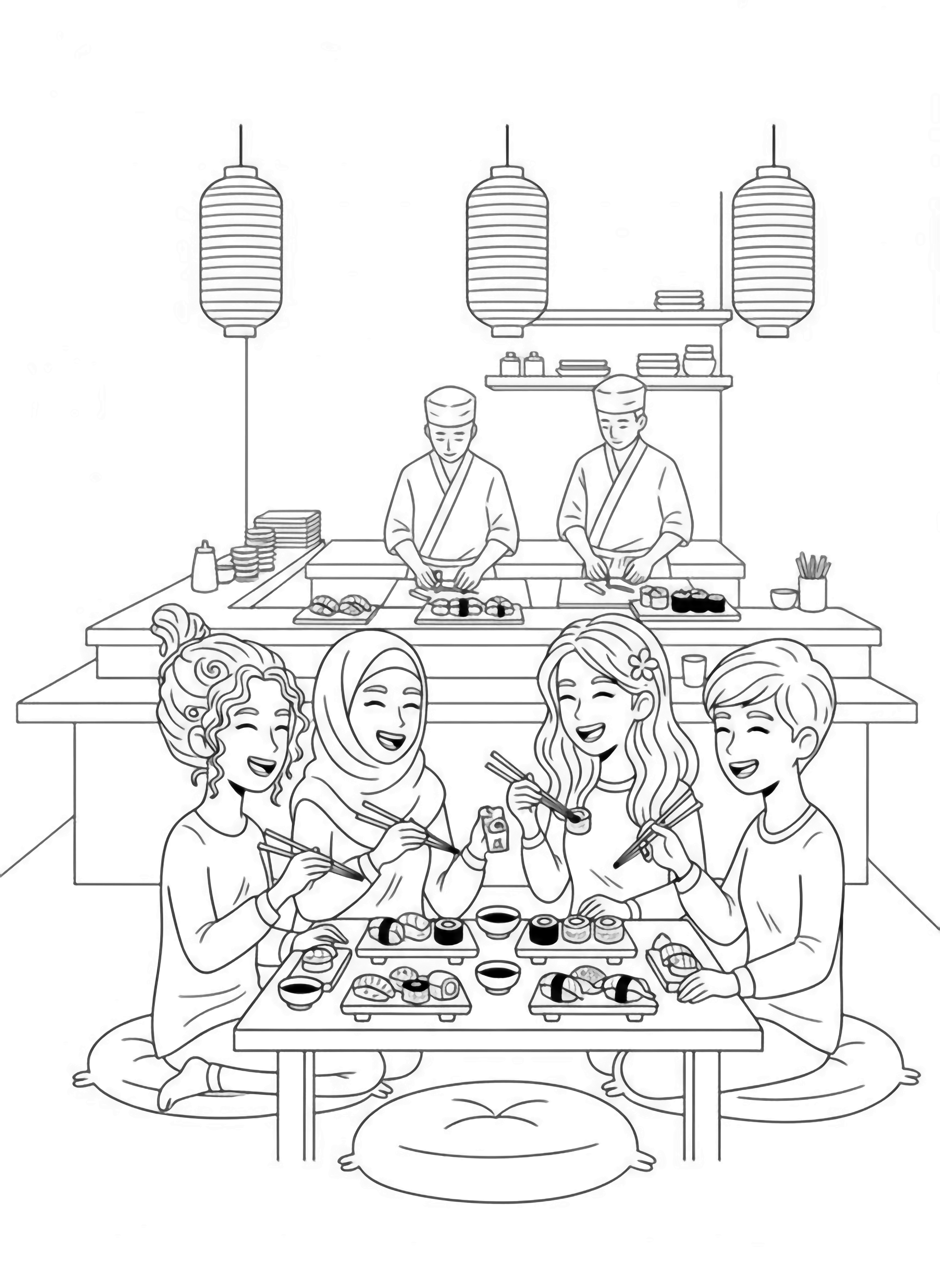 A black and white page showing four best friends enjoying dinner together at a cozy sushi restaurant Each friend has distinct features one has beautiful curly hair styled in a bun another wears a hijab with elegant folds the third has long flowing hair adorned with a cute hair clip and the fourth sports a stylish short clean black and white line drawing minimal shading no colour no fill kleurplaat