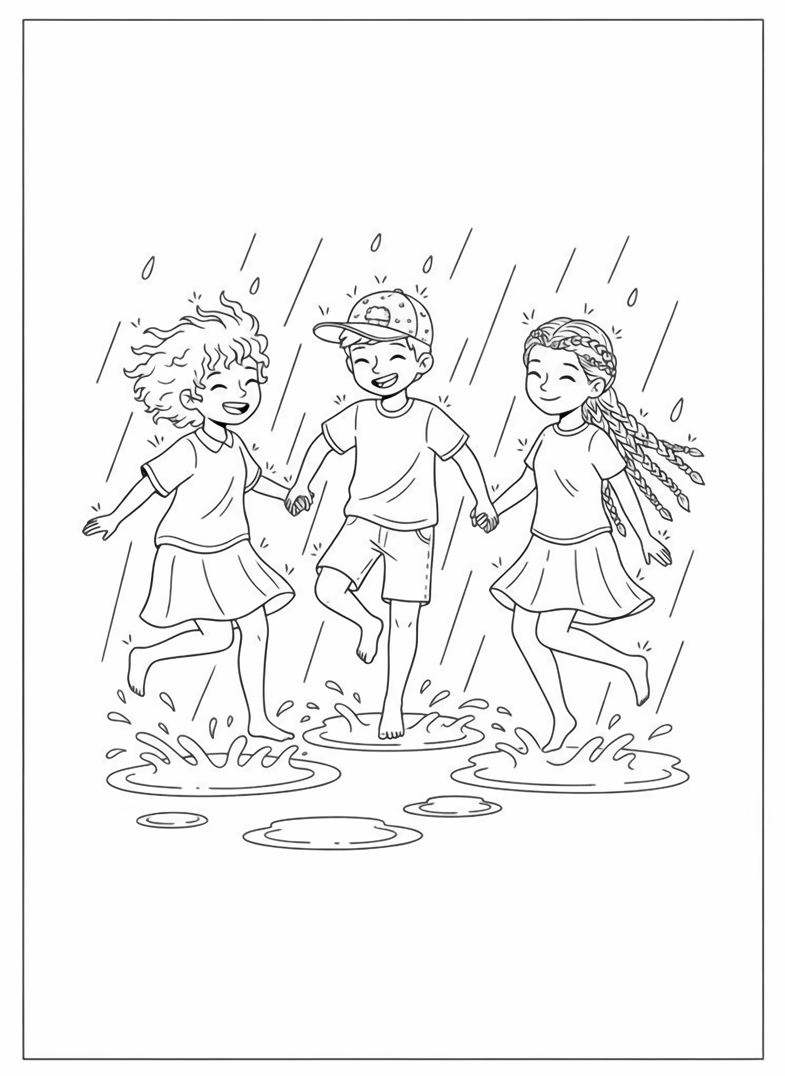 A black and white page showing three joyful friends dancing together in the rain One friend has curly hair flowing in the wind another wears a cheerful cap and the third has long braided hair adorned with tiny beads They hold hands in a circle their feet splashing in puddles below Above them clean black and white line drawing minimal shading no colour no fill kleurplaat