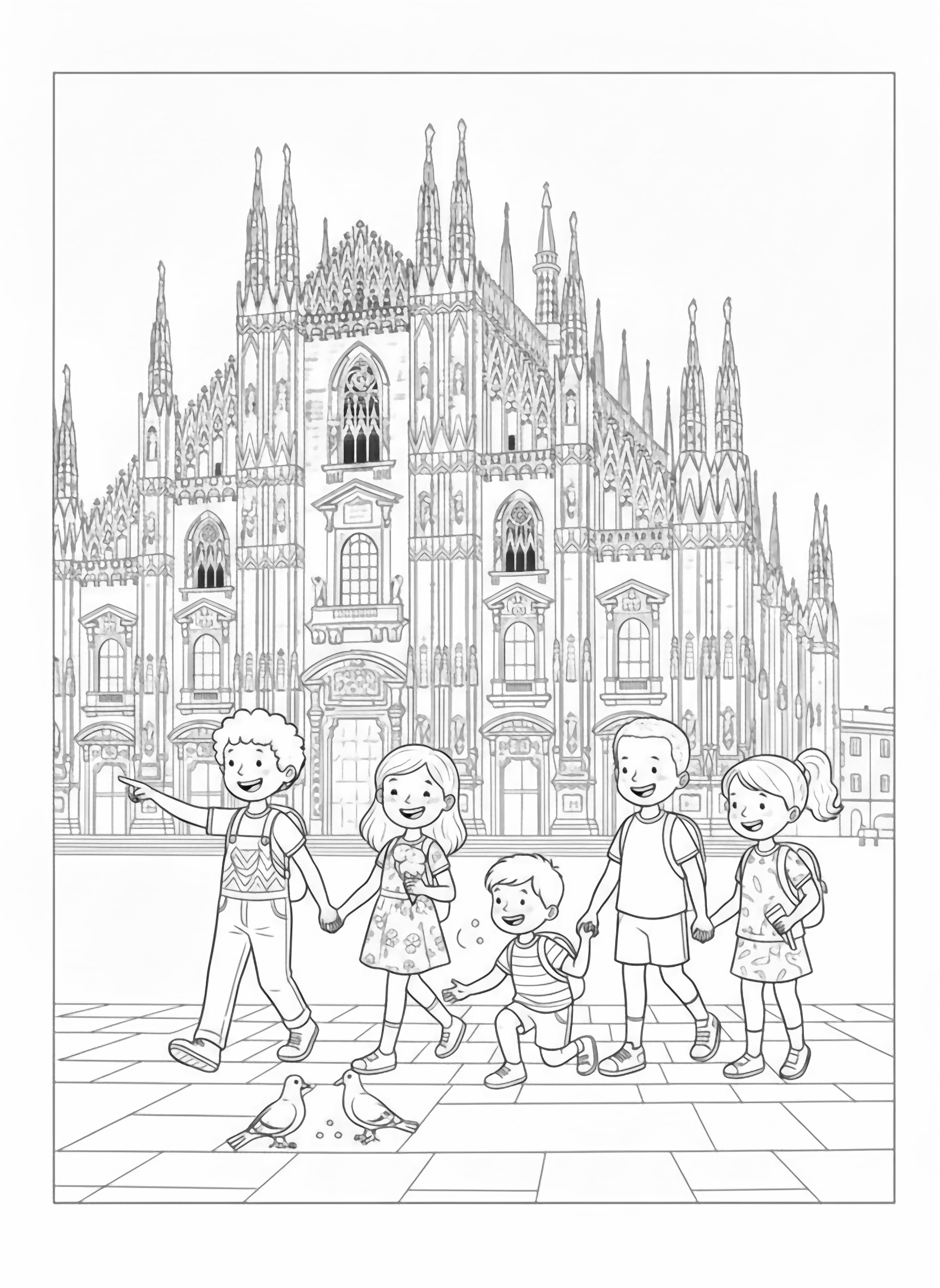 A black and white page showing a cheerful group of children exploring Milan The kids are holding hands while walking past the famous Duomo cathedral with its intricate spires One child is pointing excitedly at the historic building another is holding a gelato cone and a little one is feeding crumbs to friendly pige clean black and white line drawing minimal shading no colour no fill kleurplaat