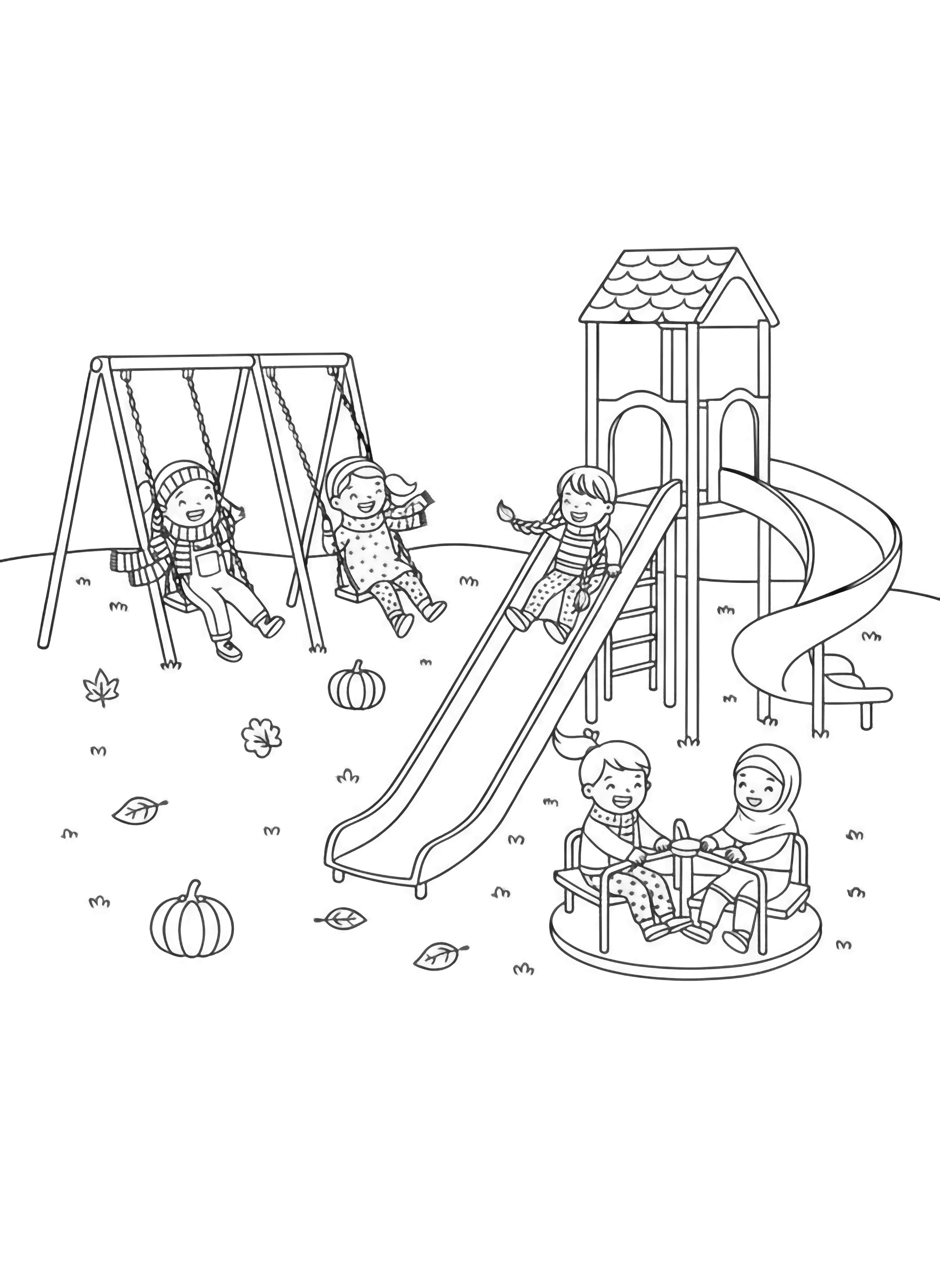 A black and white page showing a cheerful autumn playground scene Happy children wearing cozy sweaters and scarves are playing on swings and slides Some kids are swinging high with their hair flowing in the wind while others are giggling as they slide down the twisty slide The playground equipment has simple clean lines perfect for clean black and white line drawing minimal shading no colour no fill kleurplaat