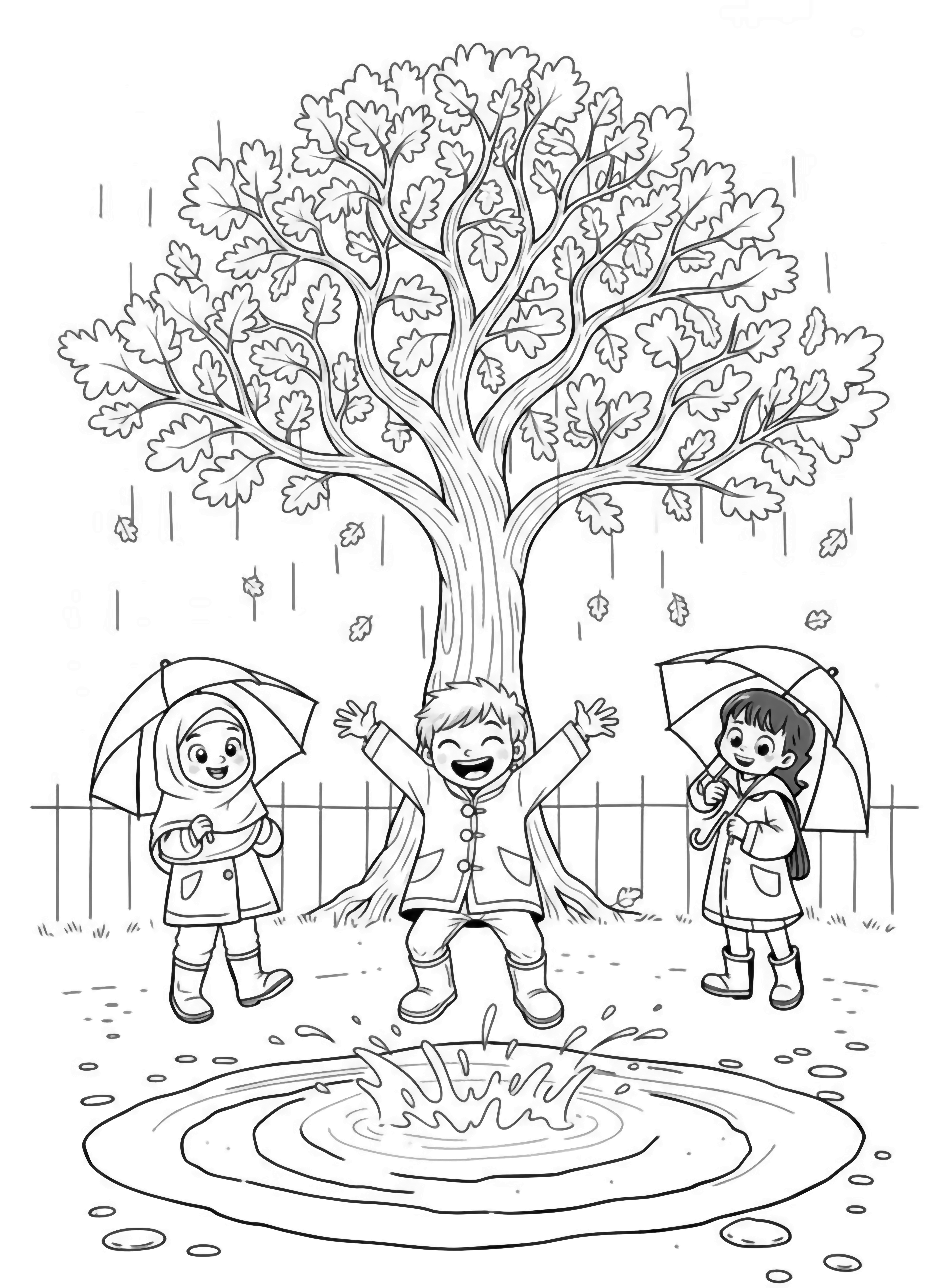 A black and white illustration of cheerful children on a school playground happily splashing in puddles under gentle rain The kids wear raincoats boots and hold umbrellas (left uncolored for creativity) One child joyfully jumps with both feet into a large puddle sending water droplets flying clean black and white line drawing minimal shading no colour no fill kleurplaat