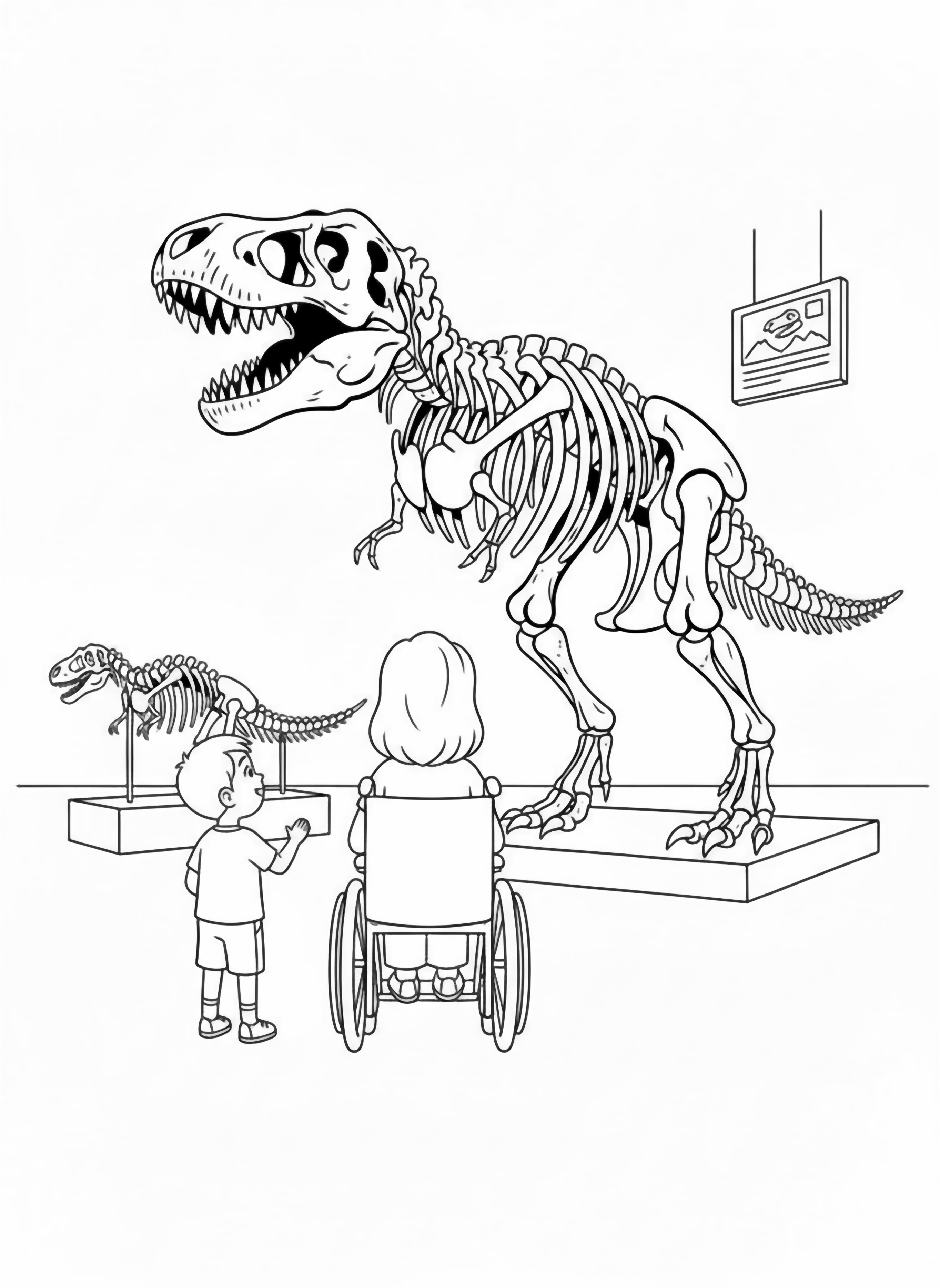 A black and white page showing a happy 5 year old child holding hands with Mama who sits smiling in her wheelchair both gazing up in wonder at a towering T Rex skeleton The museum gallery is simple: a few tall dinosaur bones a hanging information sign and a wide open floor so clean black and white line drawing minimal shading no colour no fill kleurplaat