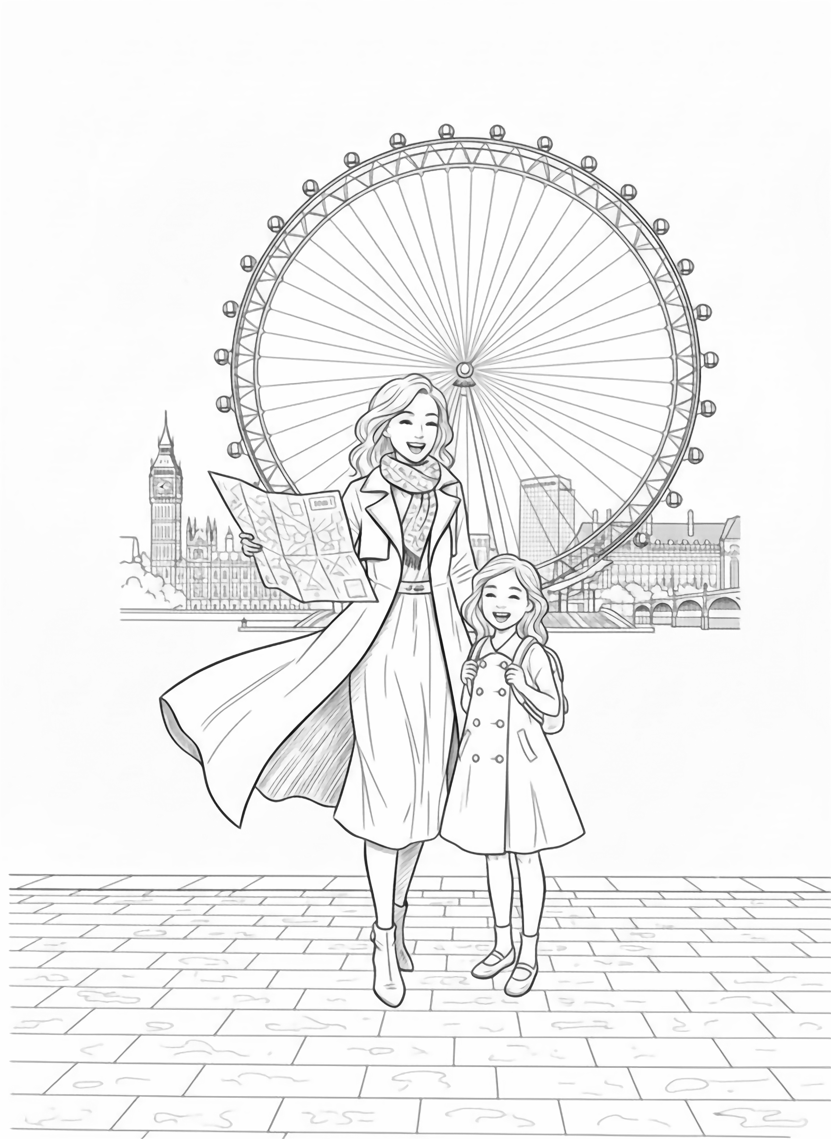 A black and white illustration of a mother and daughter on vacation in London standing happily in front of the London Eye The mother wears a flowing trench coat with a stylish scarf holding a map of London in one hand and pointing excitedly at the giant ferris wheel with the other Her daughter wearing a cute clean black and white line drawing minimal shading no colour no fill kleurplaat