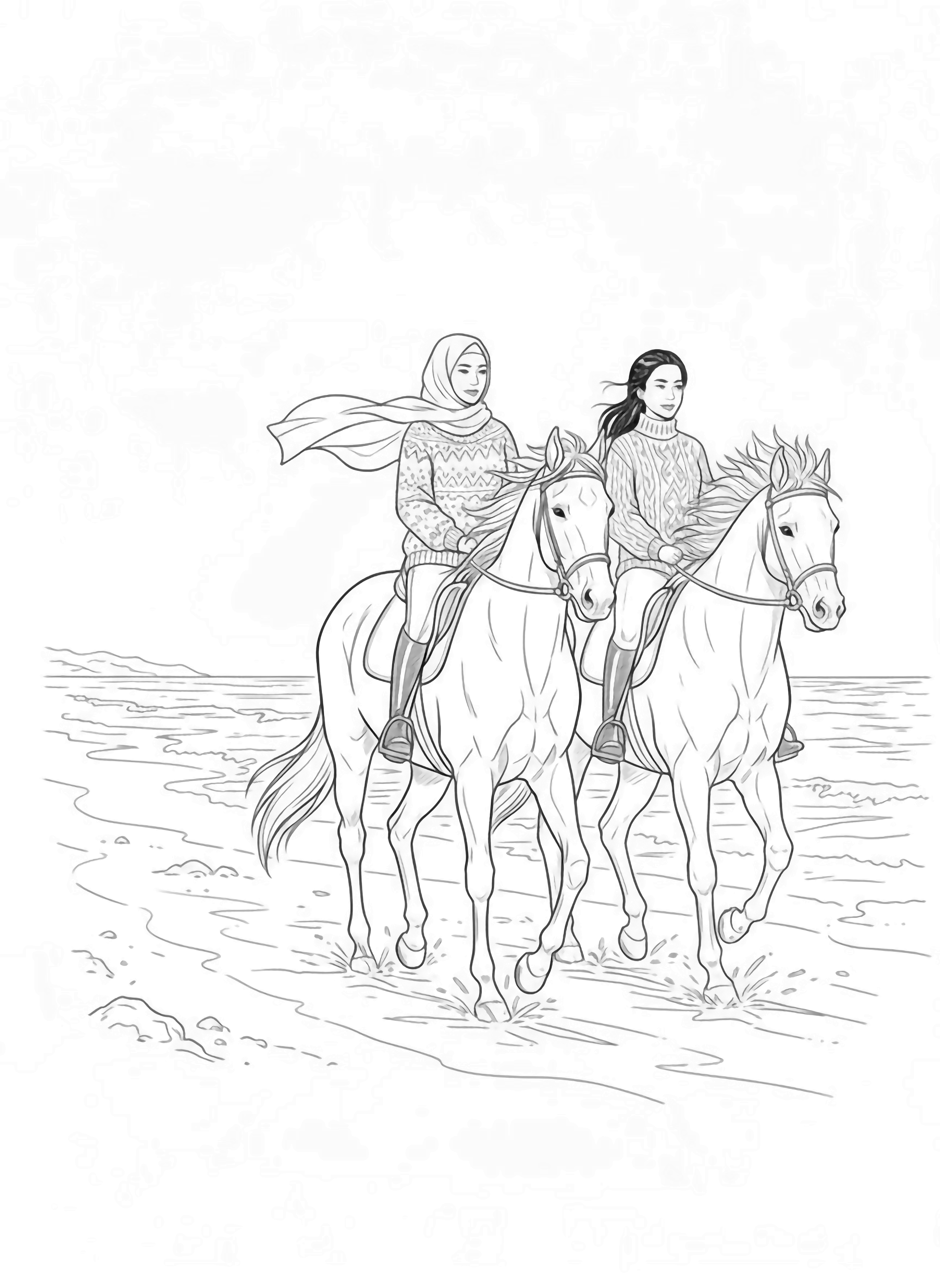 A black and white illustration of two women enjoying a horseback ride along a windswept beach on a chilly day One woman wears a flowing hijab that gently billows in the ocean breeze while the other has beautiful Asian features and long hair tied back They both wear cozy sweaters and riding boots Their horses walk clean black and white line drawing minimal shading no colour no fill kleurplaat