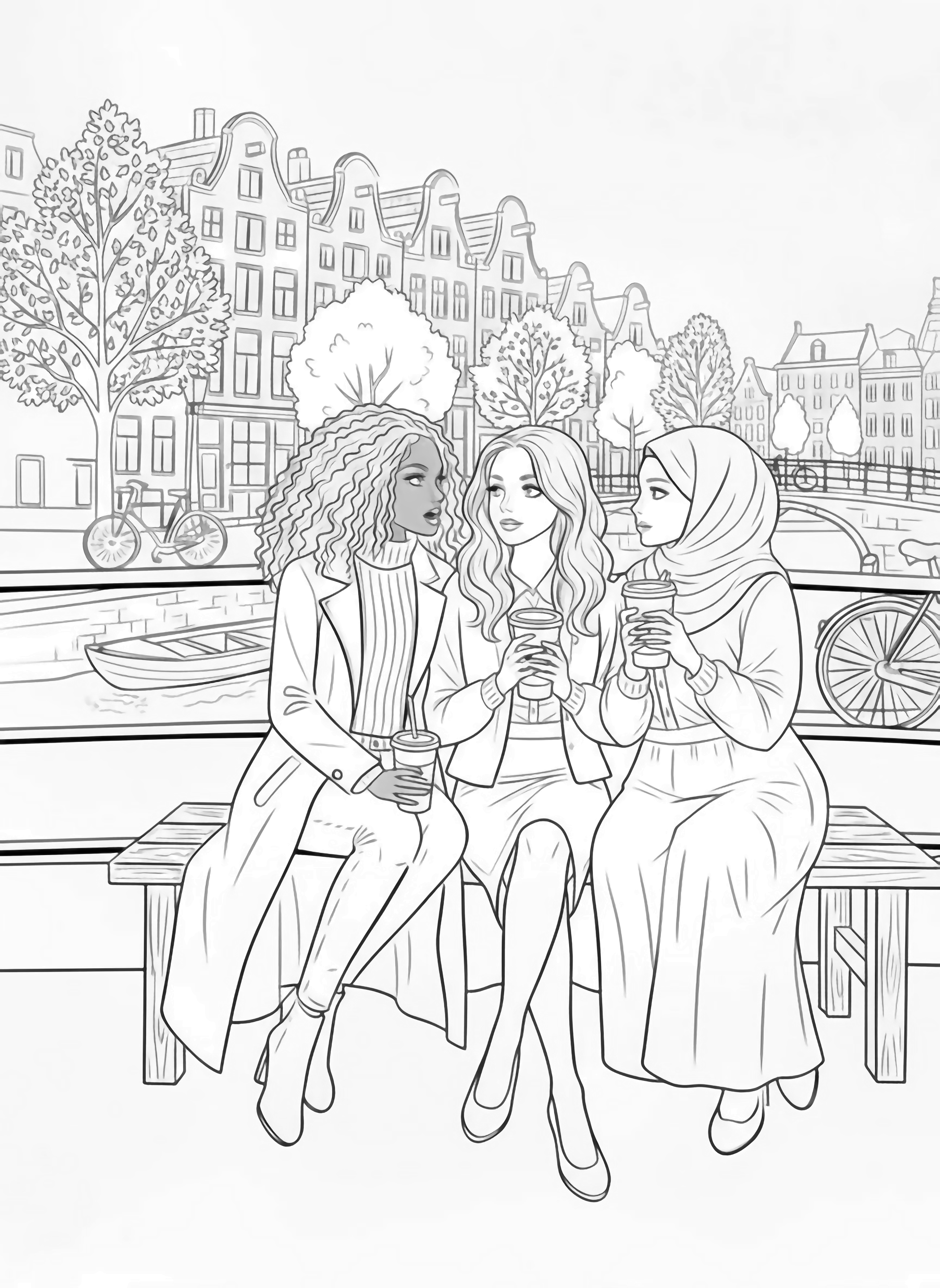 A black and white page showing three happy best friends sitting close together on a wooden bench beside an Amsterdam canal Each girl wears her own stylish designer outfit one in a tailored coat with big buttons another in a flowing dress with patterned tights and the third in a smart jacket with a beret Their hair clean black and white line drawing minimal shading no colour no fill kleurplaat