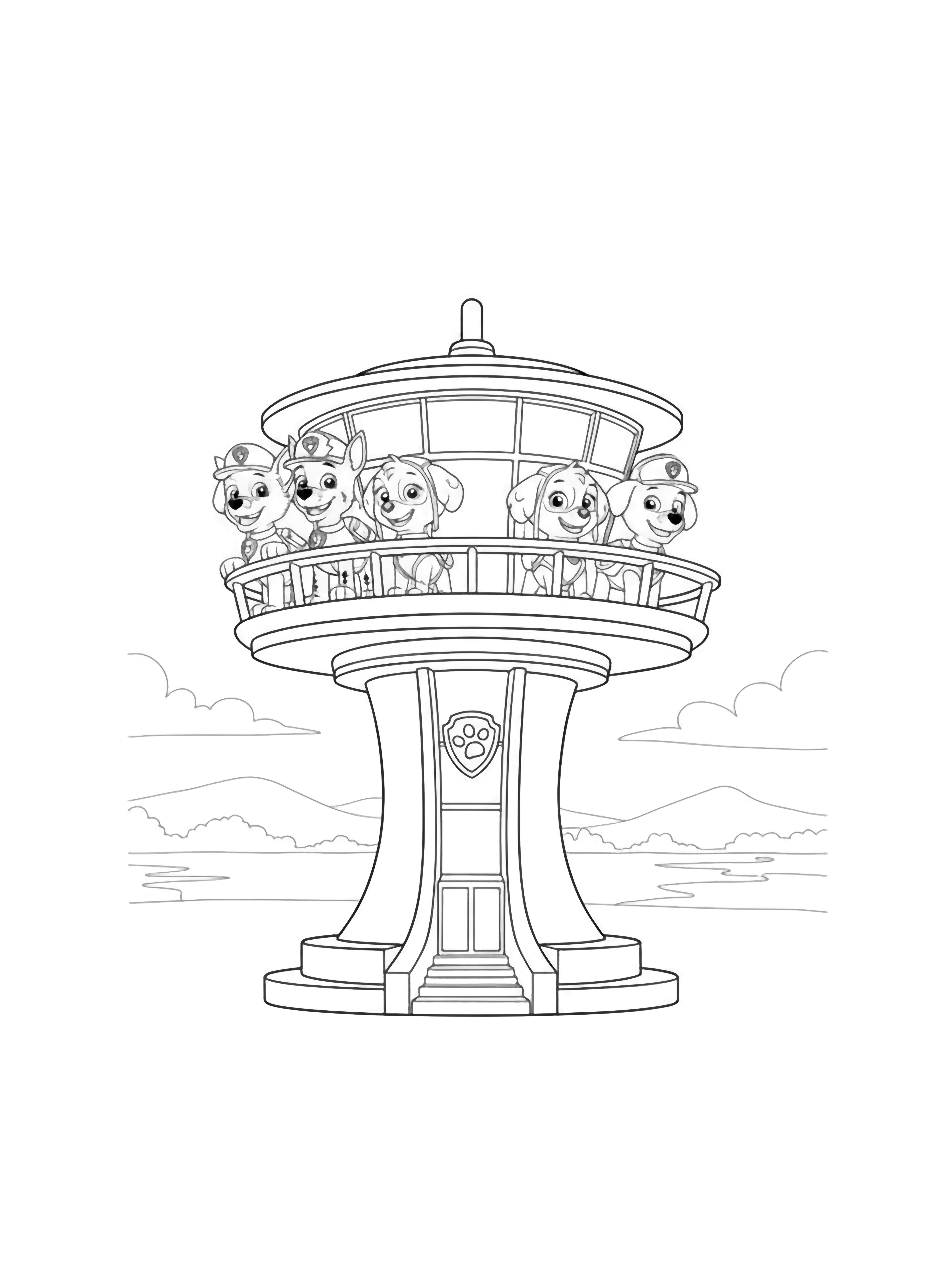 A black and white page showing the PAW Patrol lookout tower in action The brave pups stand together on the balcony of their iconic tower each holding binoculars and gazing out toward Adventure Bay Chase Marshall Skye and the rest of the team are positioned side by side their tails wagging clean black and white line drawing minimal shading no colour no fill kleurplaat