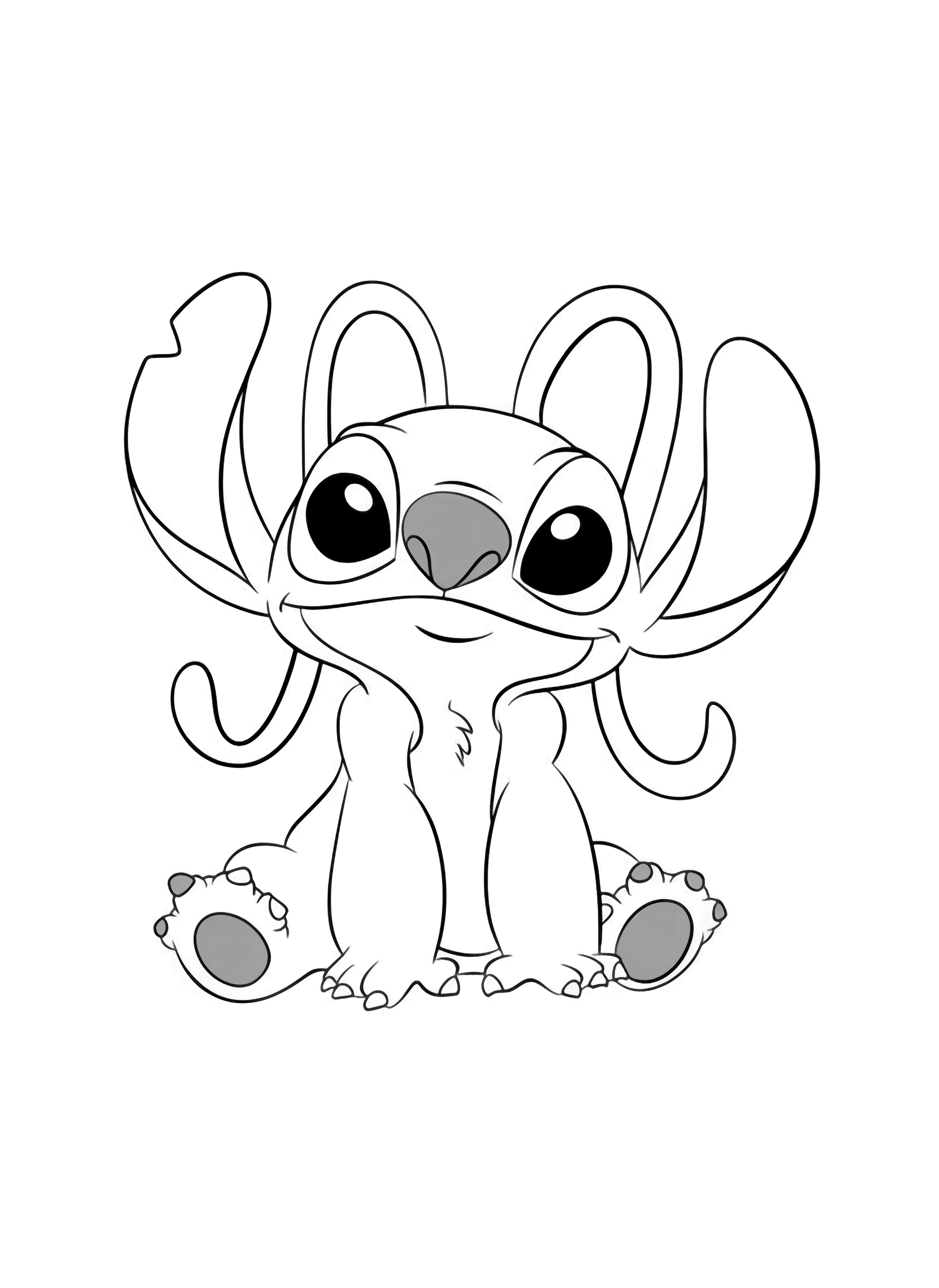 A cheerful pink alien character, Angel from Lilo & Stitch, with large ears and antennae, sits happily, ready for a page. kleurplaat