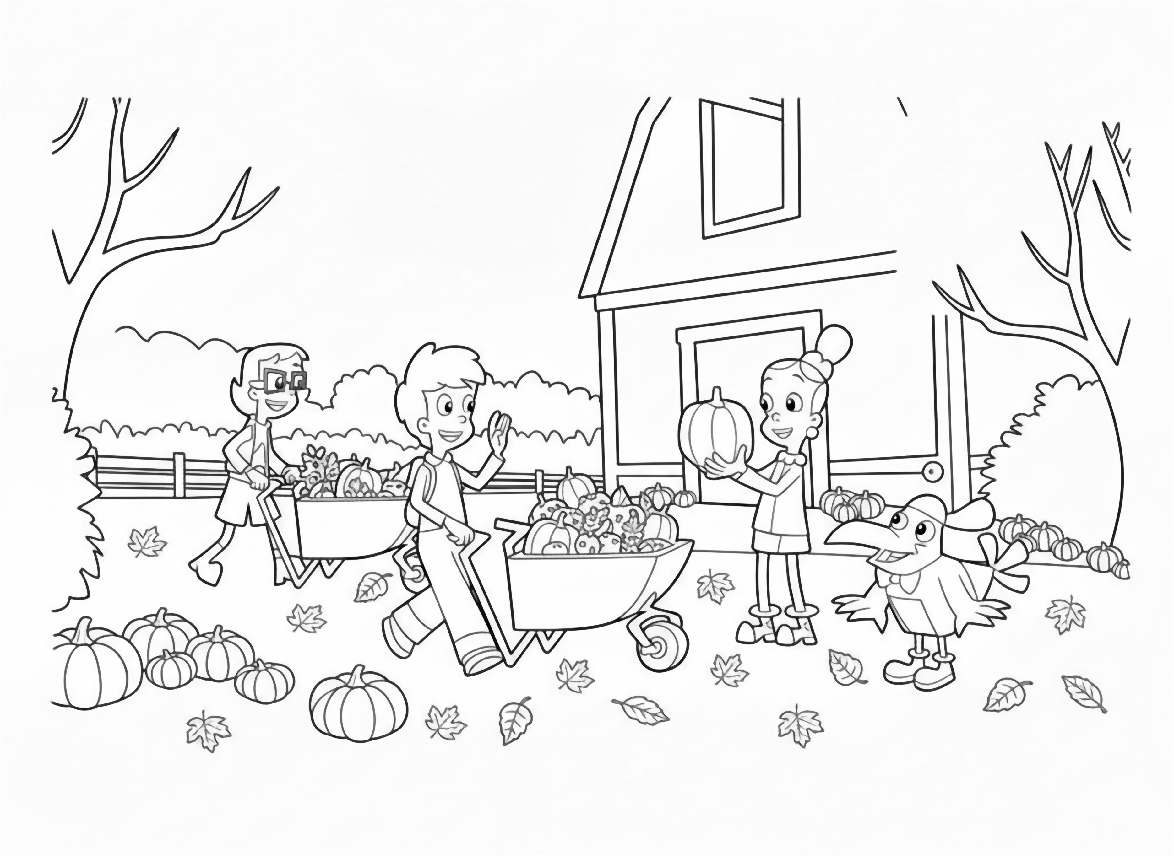Three cartoon kids and a bird joyfully collect pumpkins and gourds in wheelbarrows by a barn, set in a bright autumn landscape with colorful trees. kleurplaat
