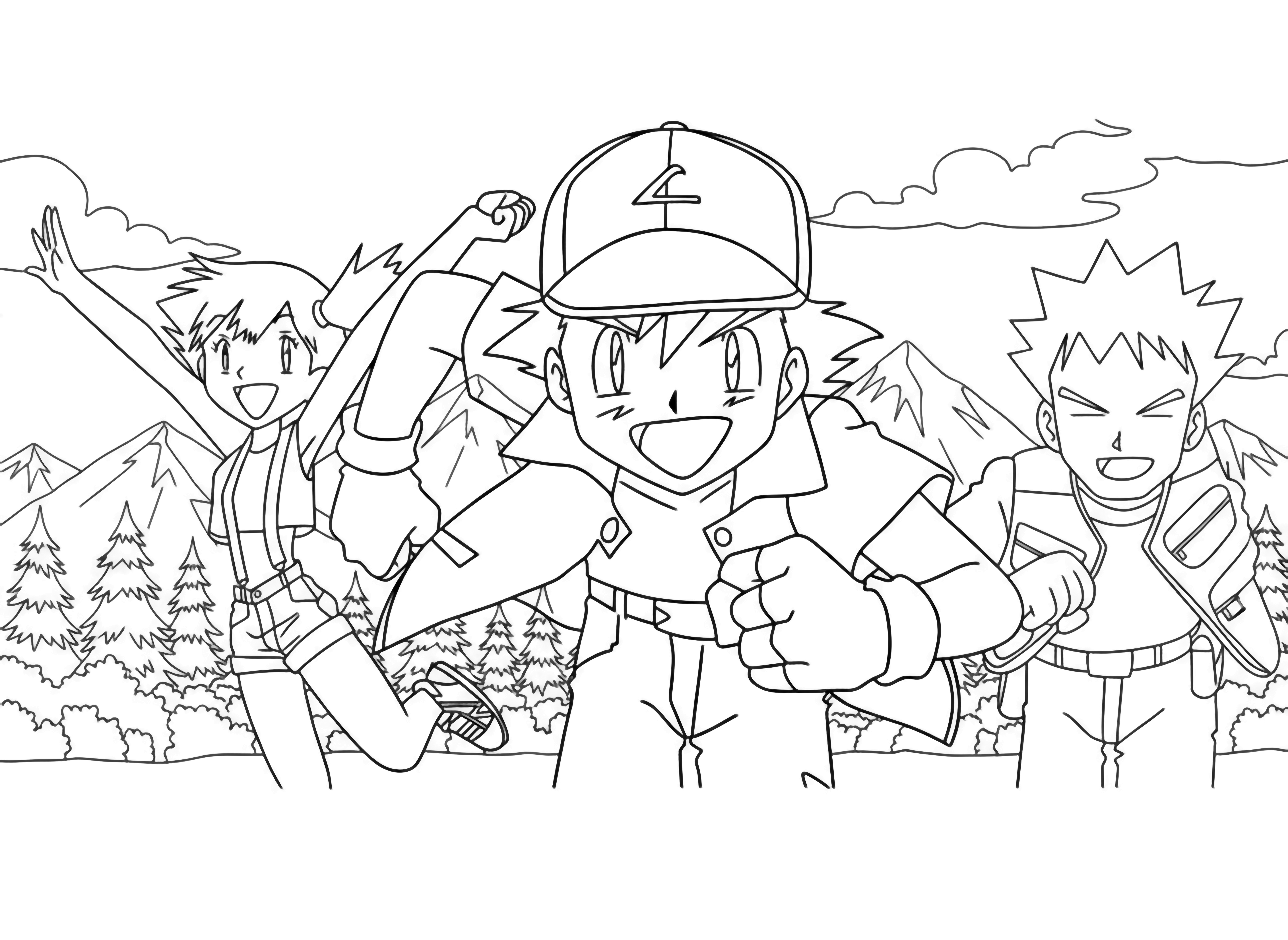 A page featuring Ash, Misty, and Brock from Pokmon, smiling and running forward in a dynamic group composition. kleurplaat