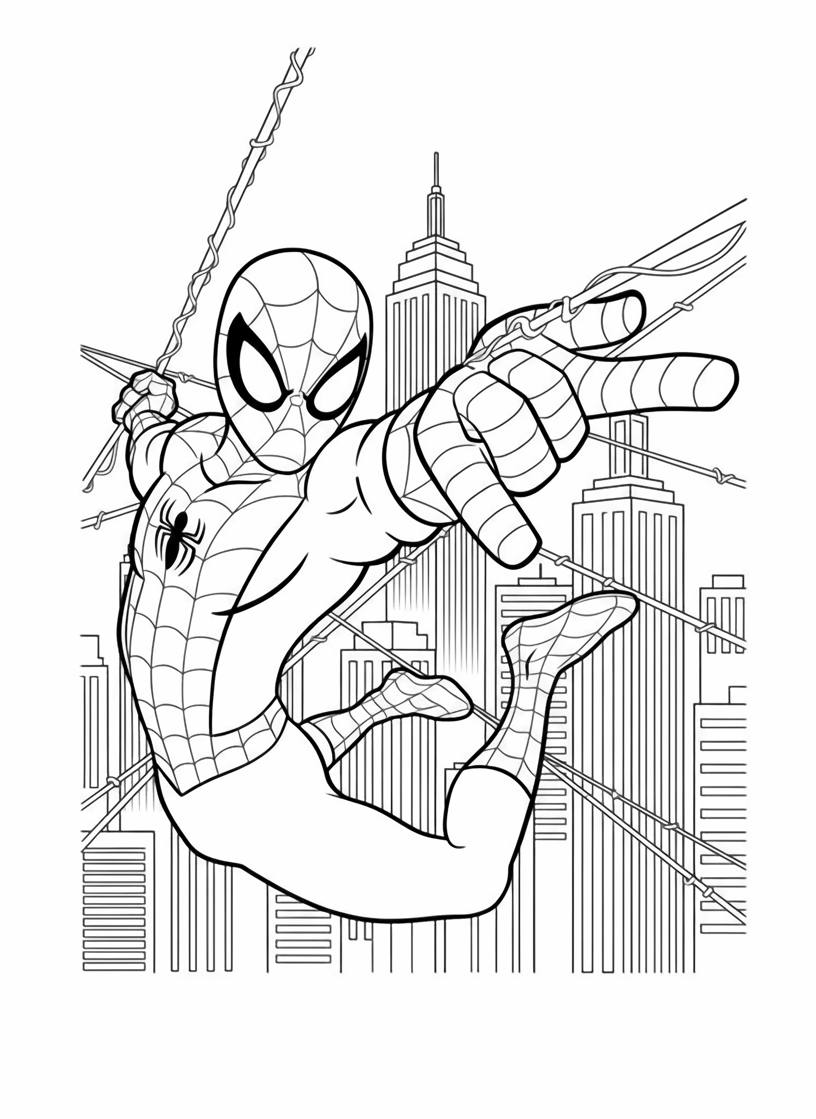 A page style illustration of Spider Man in a dynamic action pose, swinging and shooting a web, ready for bold colors. kleurplaat