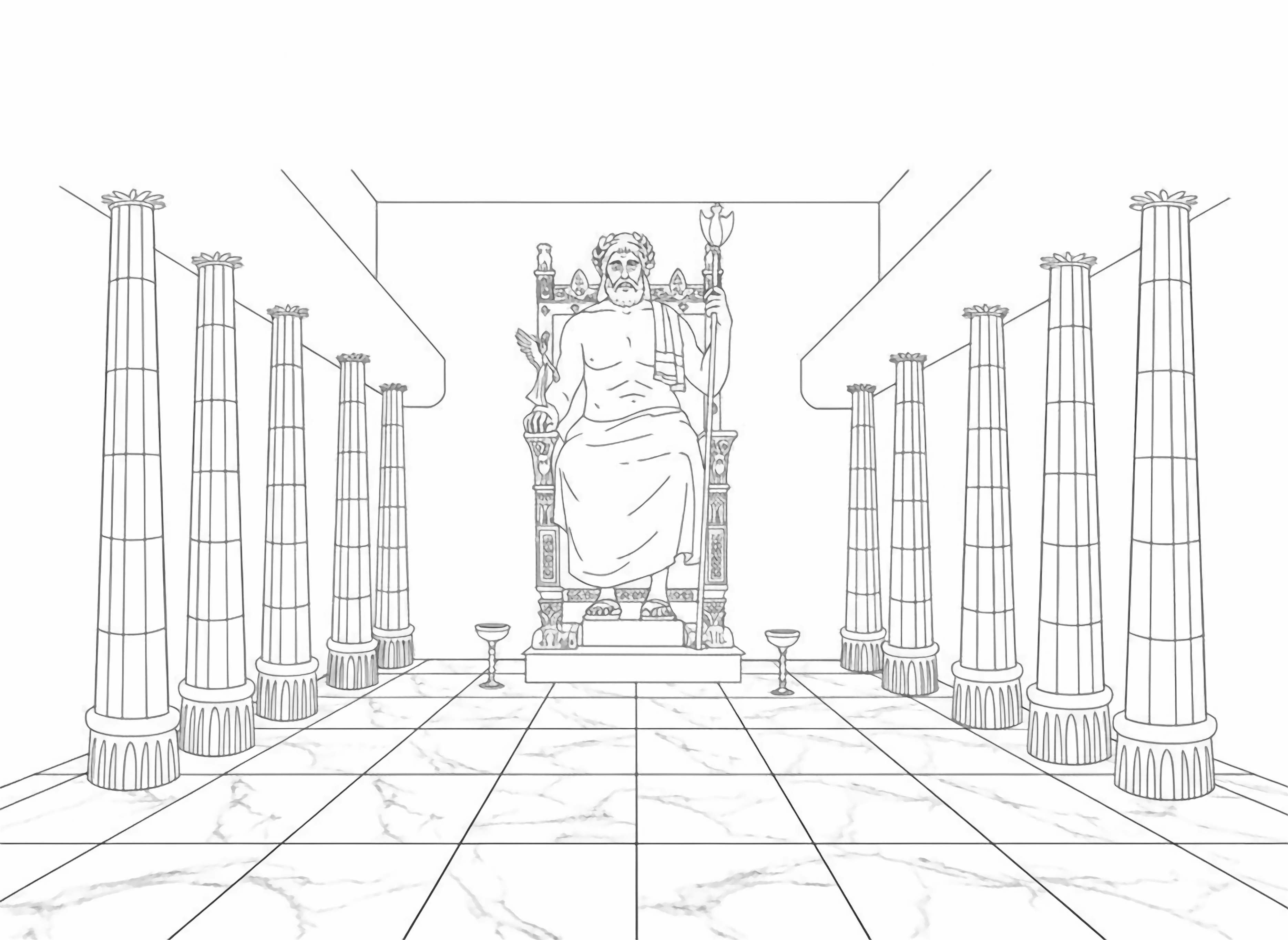 A powerful, bearded god like figure, resembling Zeus, sits majestically on a golden throne in a grand hall adorned with numerous classical columns, ready for a page. kleurplaat