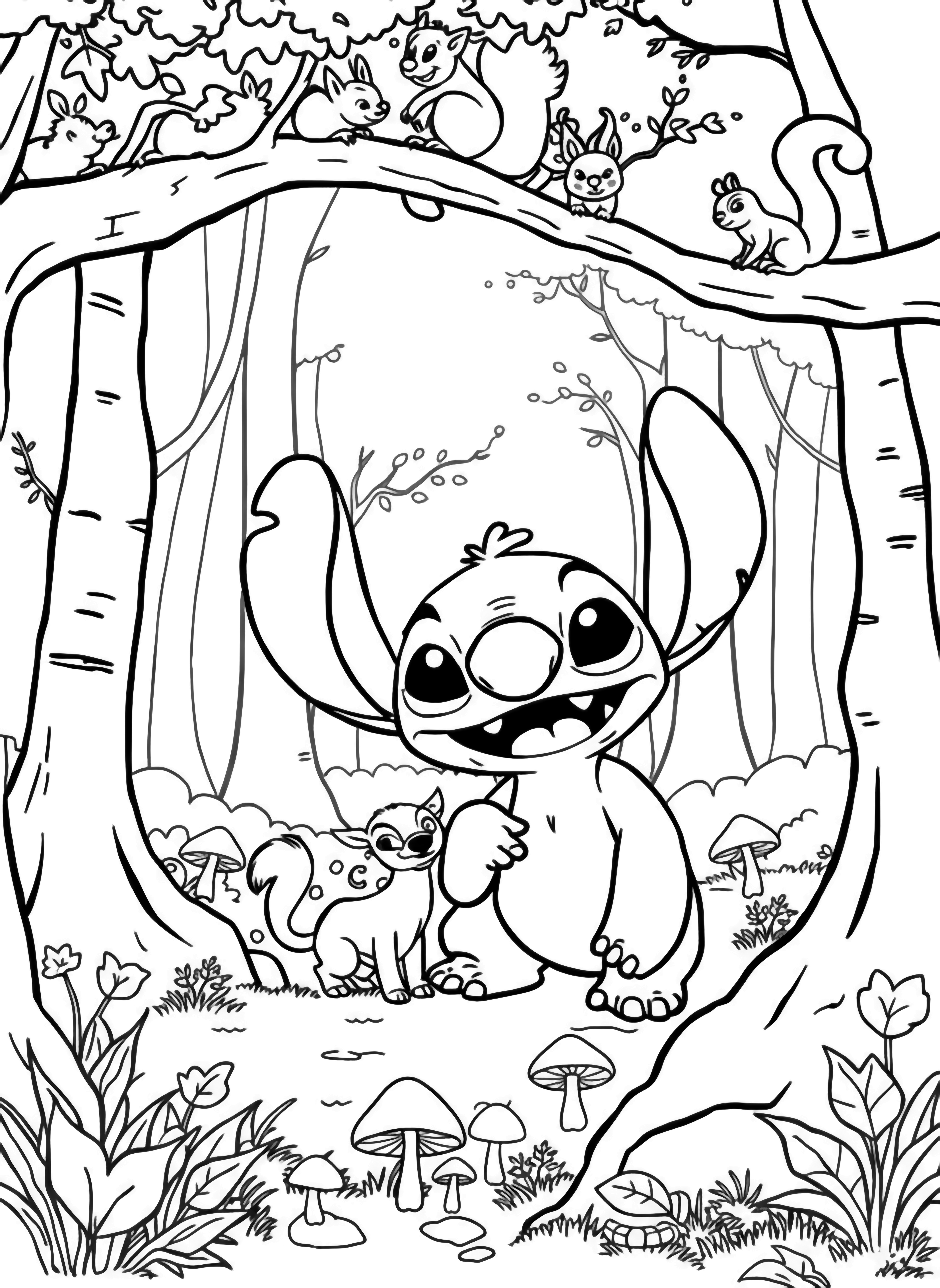 A black and white page showing Stitch happily exploring a peaceful forest clearing The mischievous alien has his big ears perked up and a warm smile as friendly woodland creatures gather around him A curious deer with simple antlers stands nearby while playful squirrels with fluffy tails scamper across tree branches above clean black and white line drawing minimal shading no colour no fill kleurplaat