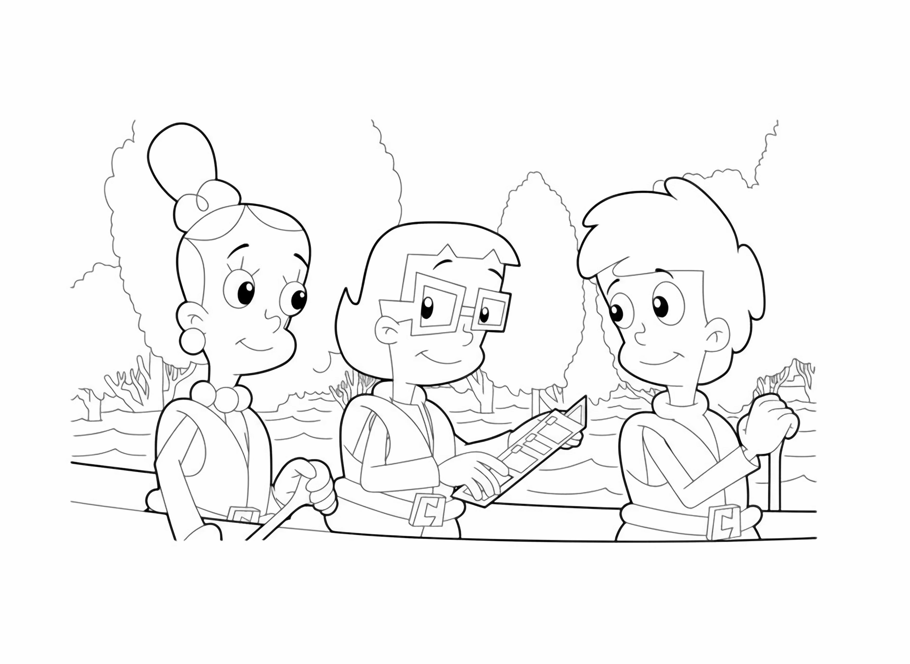 Three animated children, one with glasses, sit in a boat on water, with lush green trees lining the background. kleurplaat
