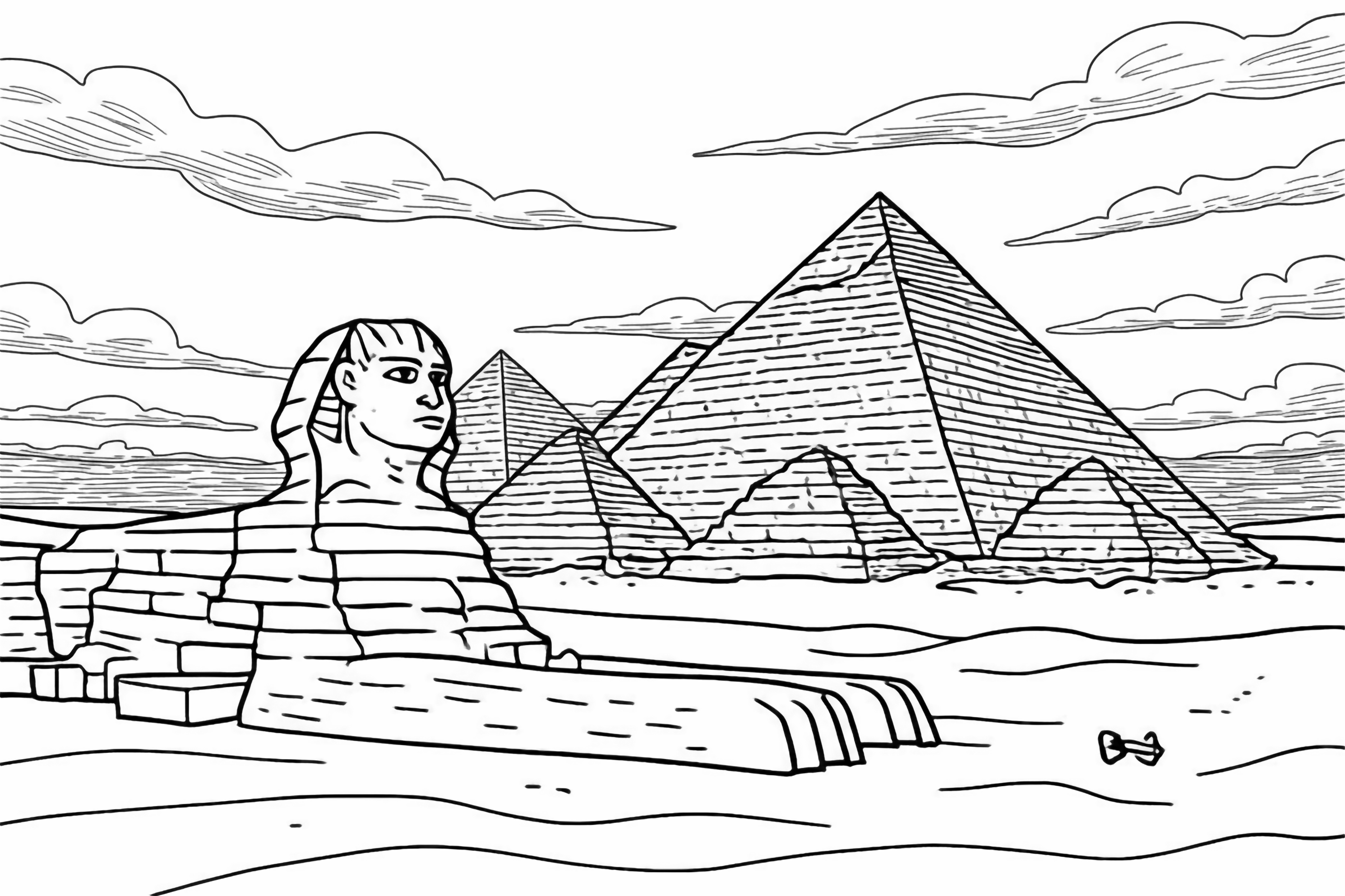 A page style image of the iconic Great Sphinx and towering Giza pyramids standing proudly in a vast desert landscape under a striped sky. kleurplaat