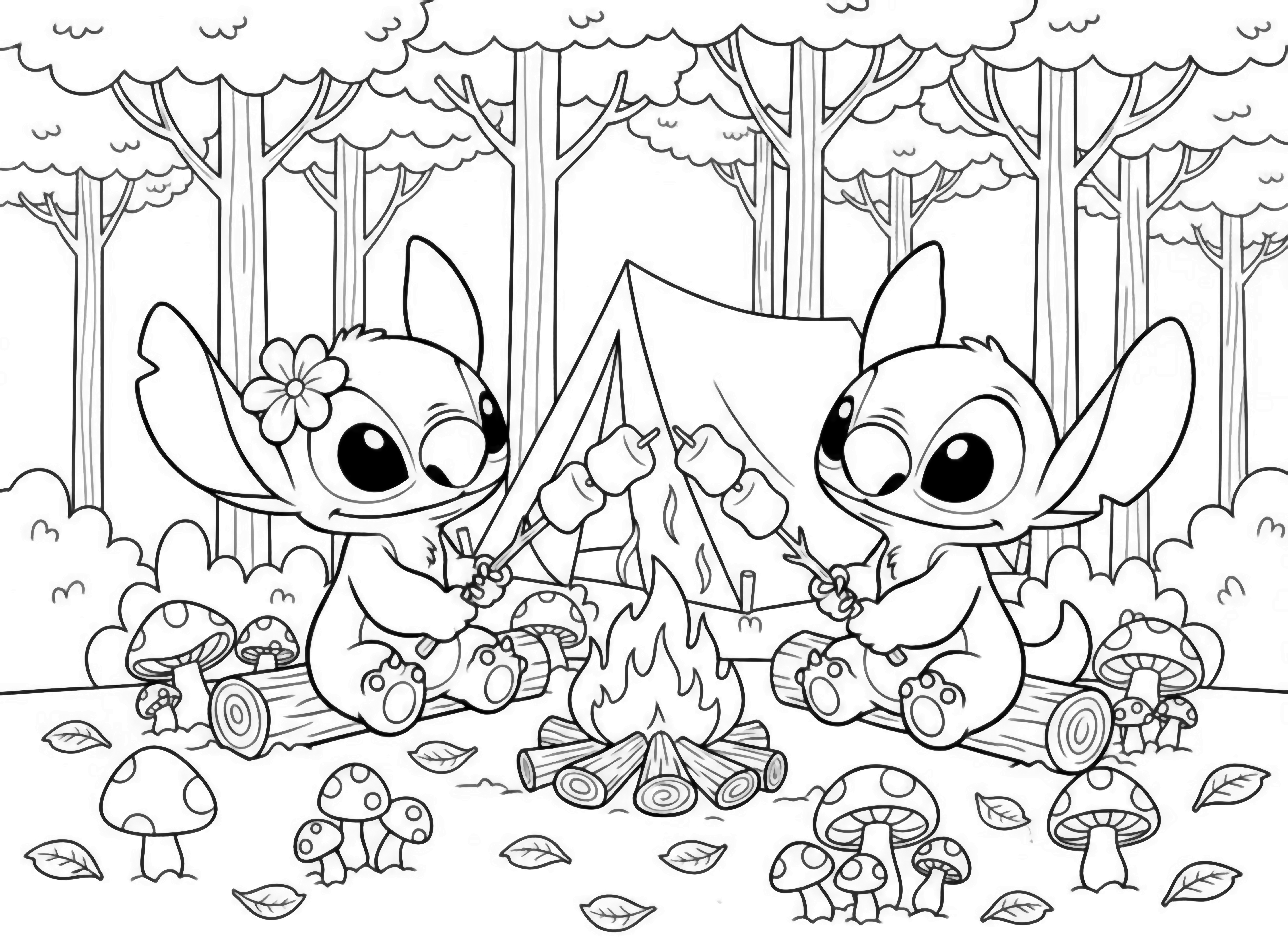 Two cartoon alien characters, one pink with a flower and one blue, sitting together with hearts and sparkles in the background, in a cute, simple book style. kleurplaat