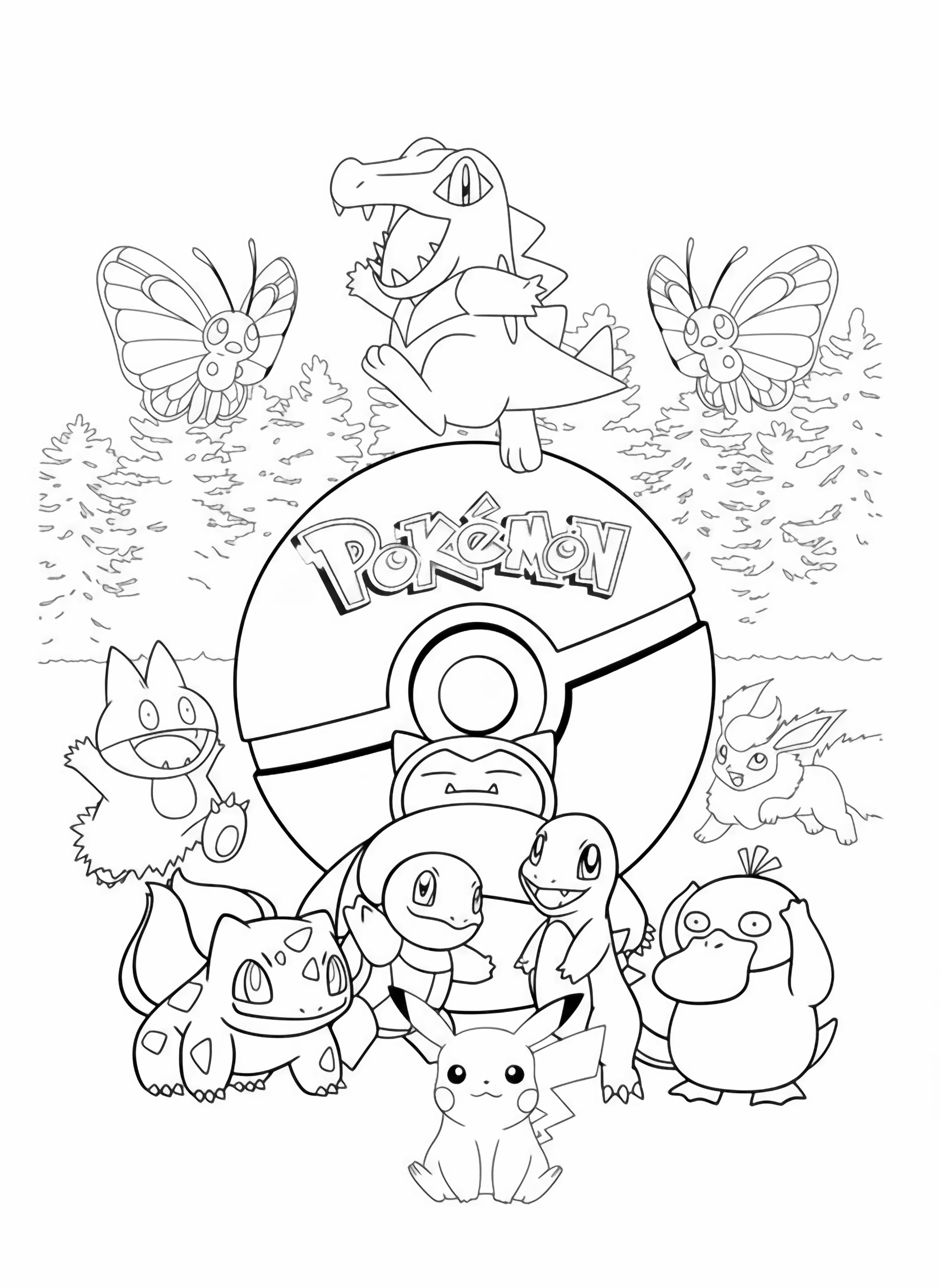 A group of popular Pokmon characters, including Totodile, Pikachu, Snorlax, and Squirtle, gather around a large Pok Ball in a stylized forest scene under an orange sky. kleurplaat