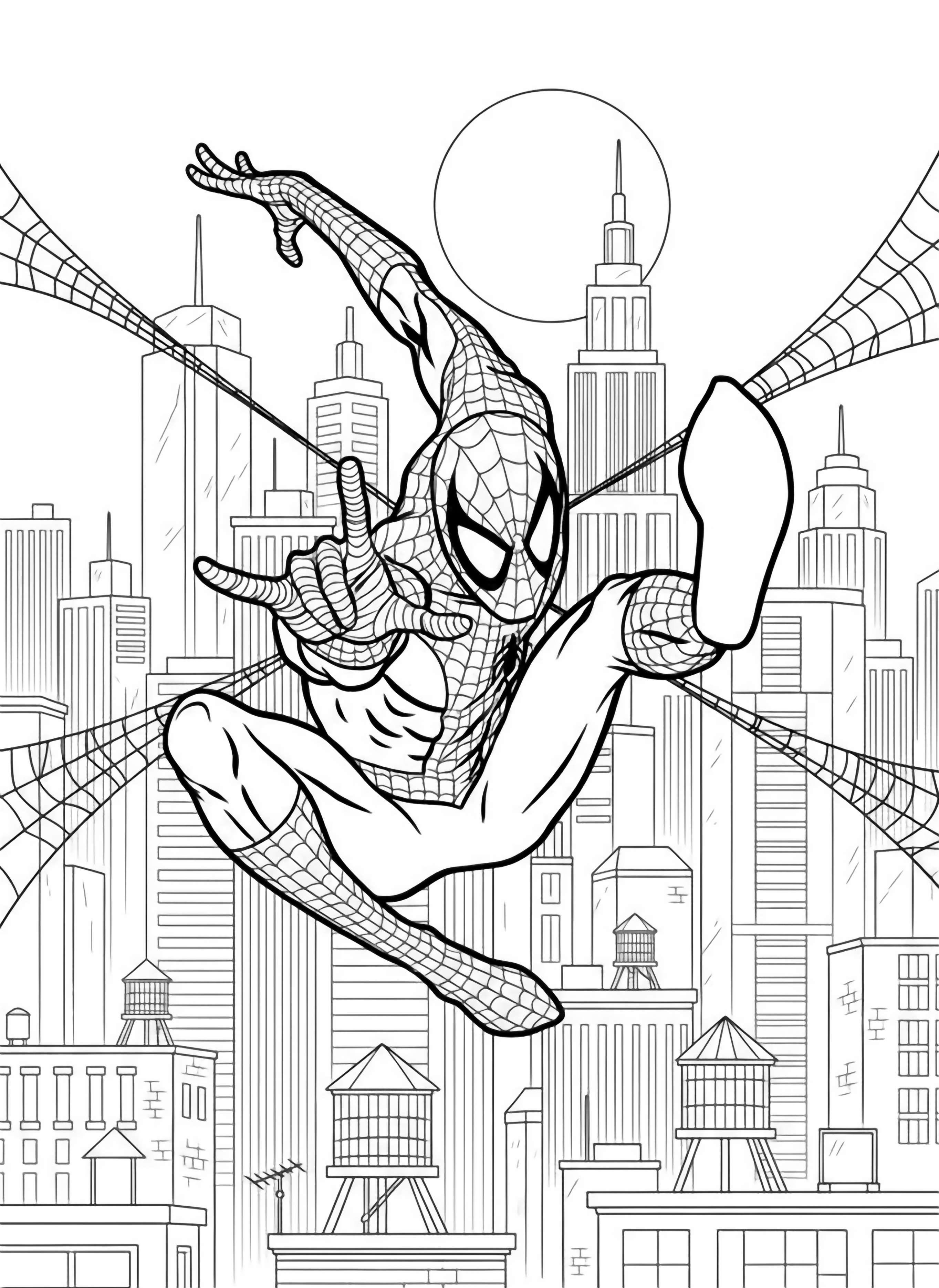 Een paginastijl-illustratie van Spider-Man in zijn klassieke rode en blauwe pak, in een dynamische pose midden in een actie, met één arm uitgestoken die naar voren wijst en één been uitgestoken in een trap. kleurplaat