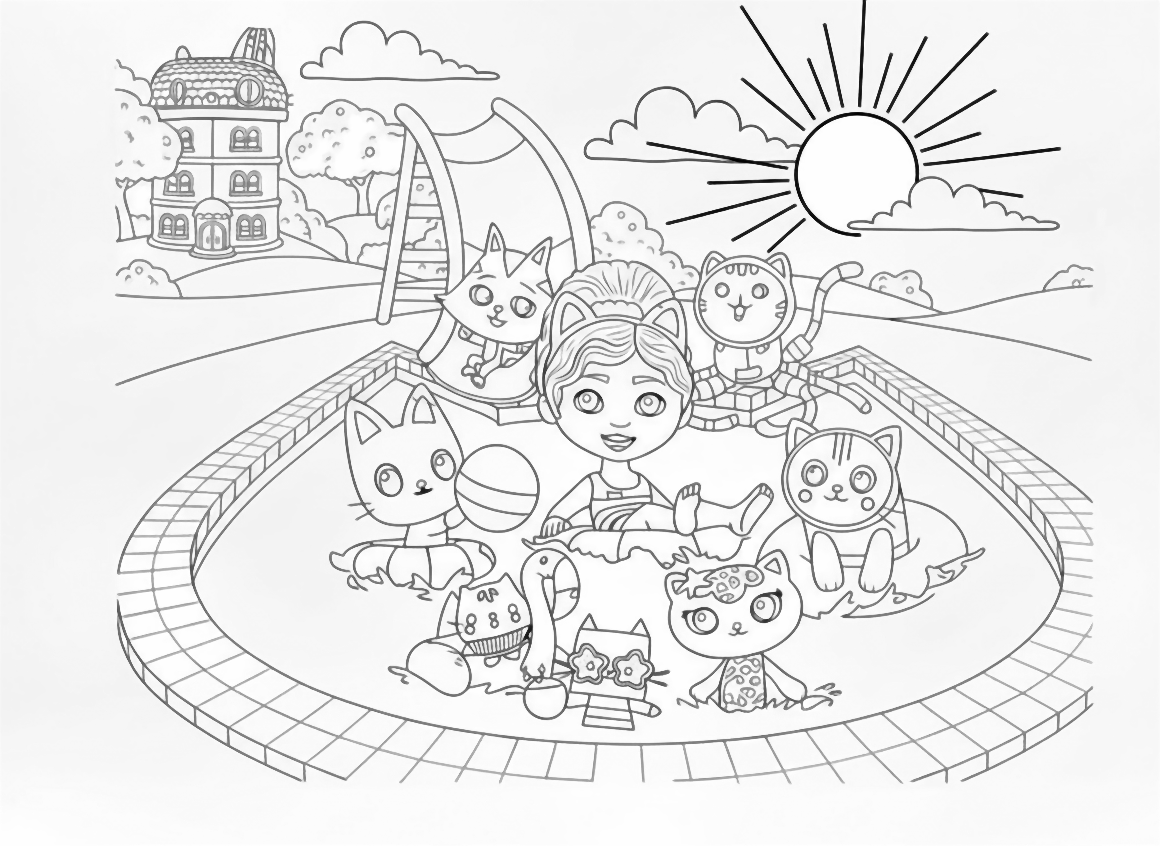 Gabby and her many cat friends play in a vibrant swimming pool with a slide, surrounded by lush green hills and a whimsical dollhouse, ready for a book. kleurplaat
