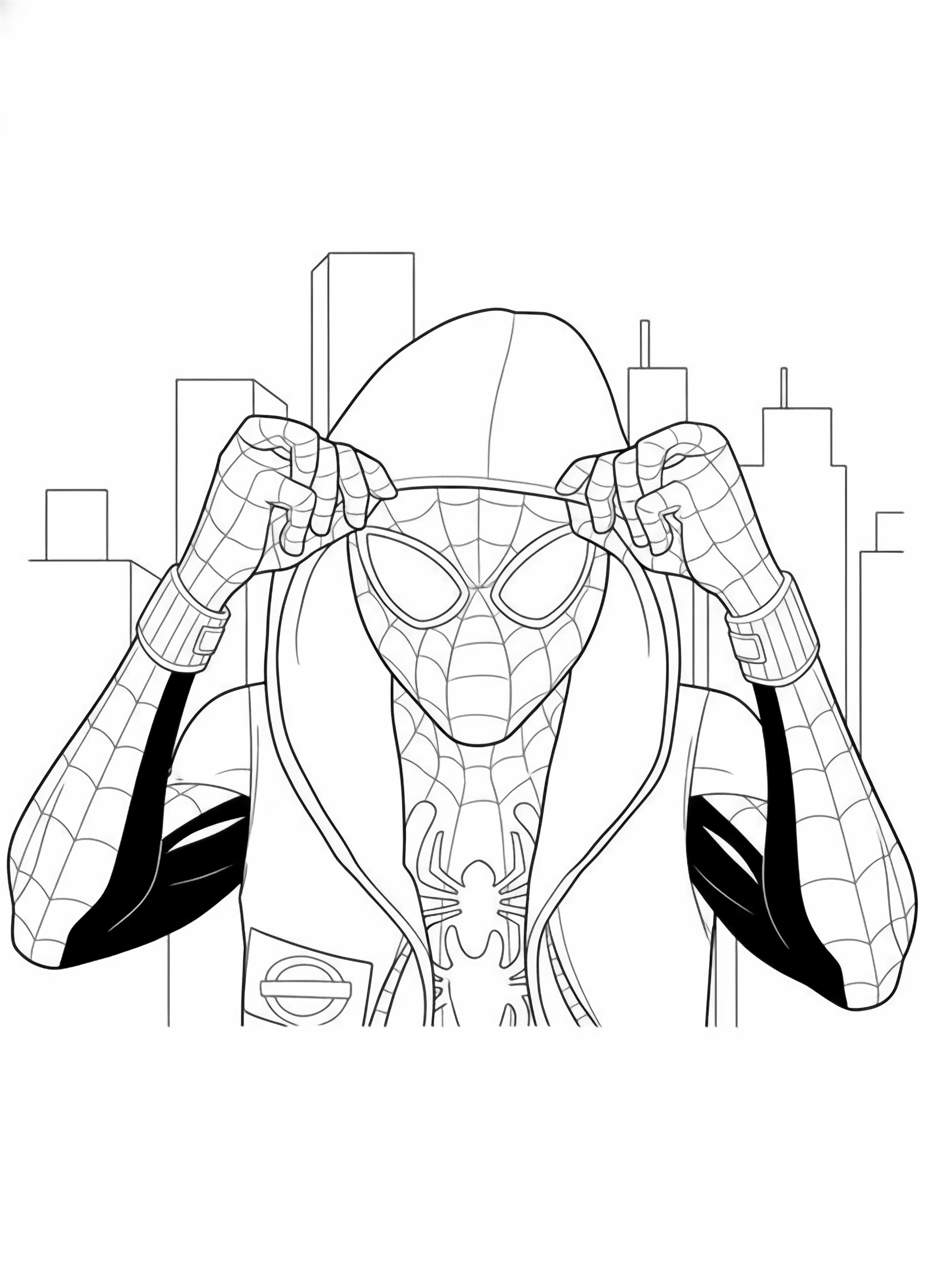 A stylized portrait of Miles Morales in his Spider Man suit and red hoodie, hands pulling the hood down, looking forward. kleurplaat