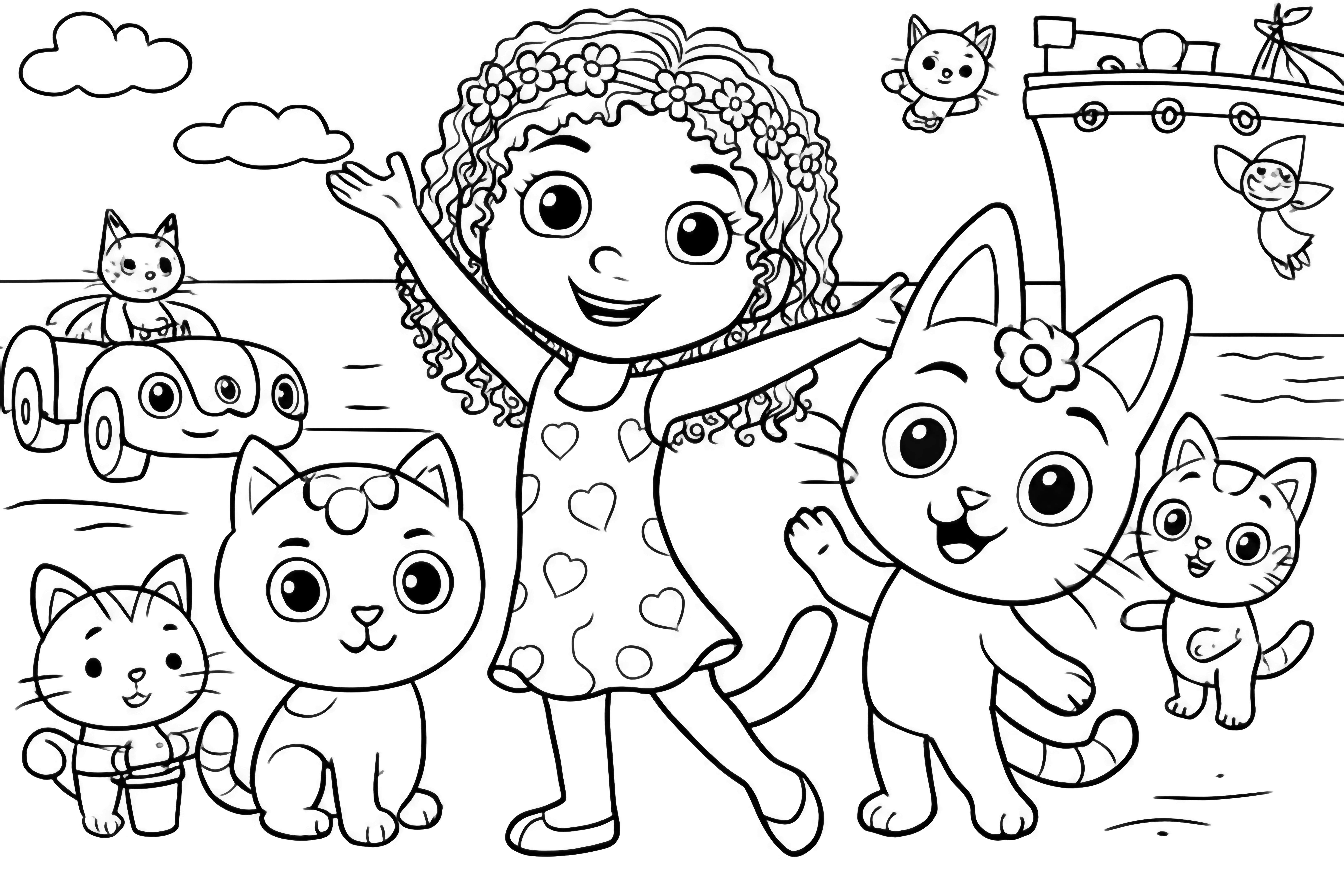 A page depicting Gabby and her cat friends enjoying a beach day with a large boat in the background, featuring various playful elements like a car, sand toys, and mermaids. kleurplaat