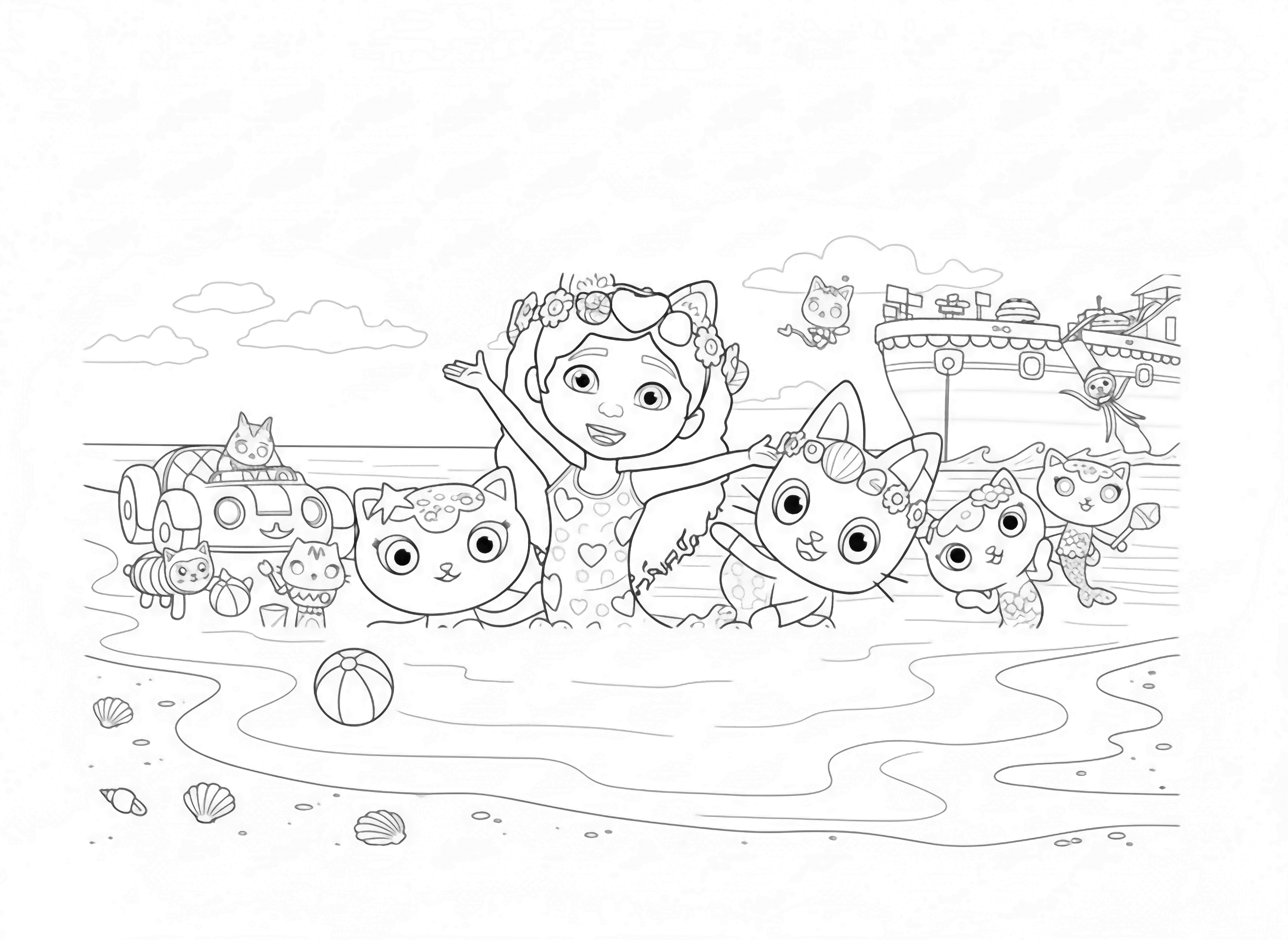 A cheerful scene of Gabby and her various cat friends enjoying a beach day with a large ship in the background, drawn in a playful, cartoon style suitable for a page. kleurplaat
