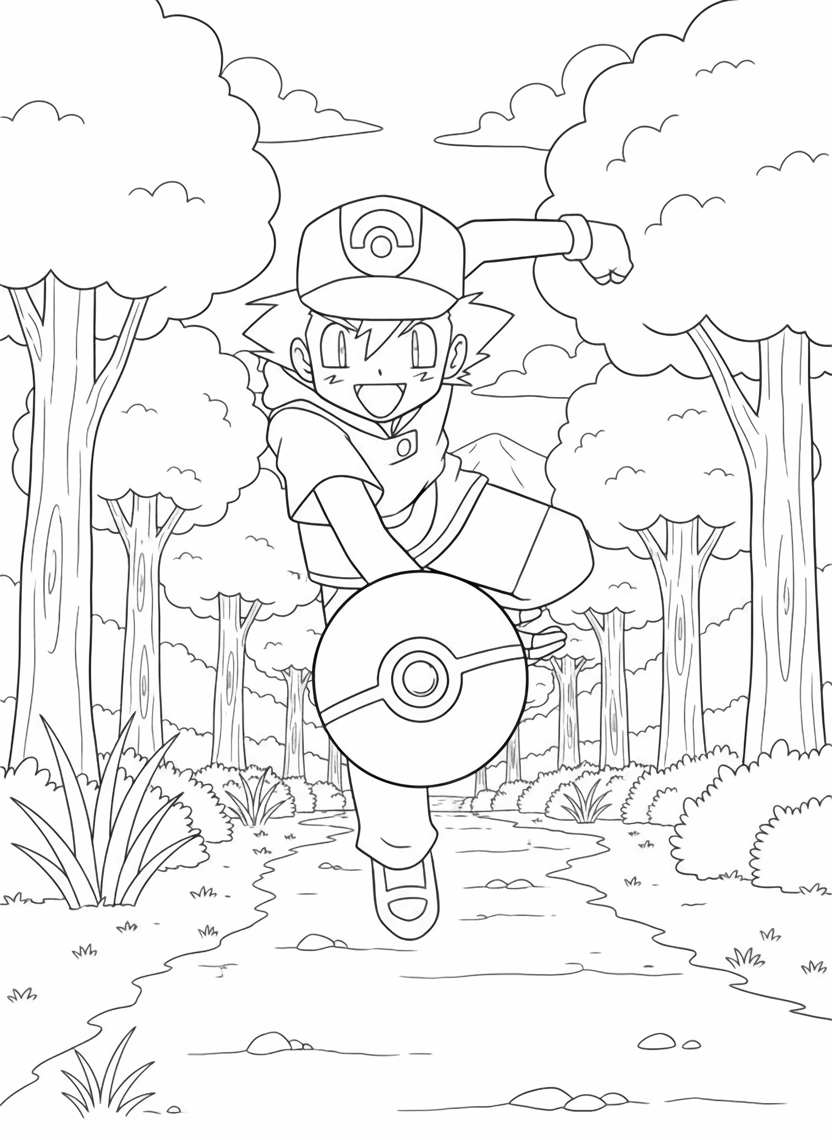 A dynamic full body cartoon illustration of Ash Ketchum, from the filename, enthusiastically throwing a Pok Ball, presented in a book style. kleurplaat