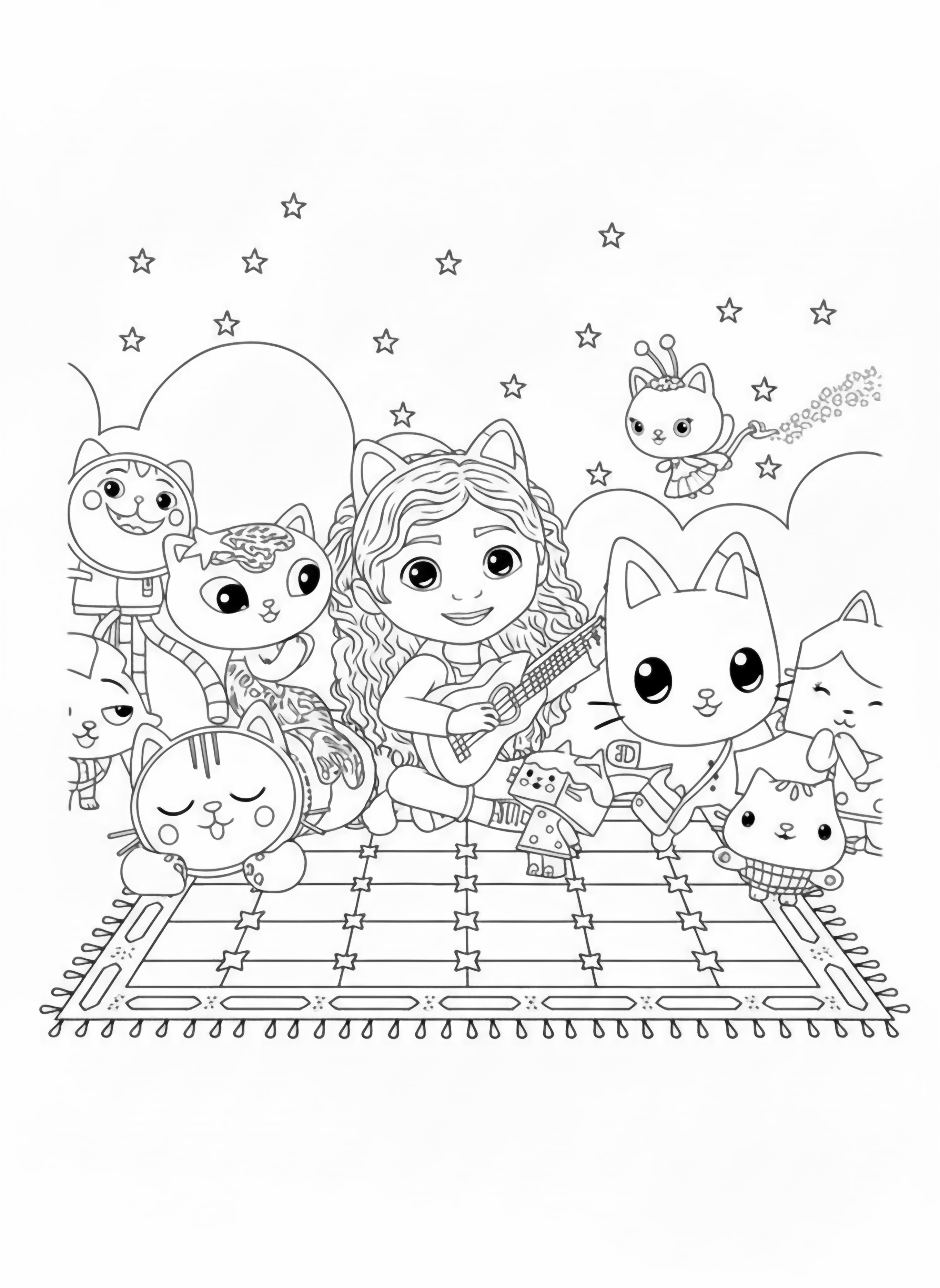A cute cartoon girl with cat ears plays a pink guitar, surrounded by a group of diverse, stylized cat characters on a soft, sparkling background, ready for a page. kleurplaat