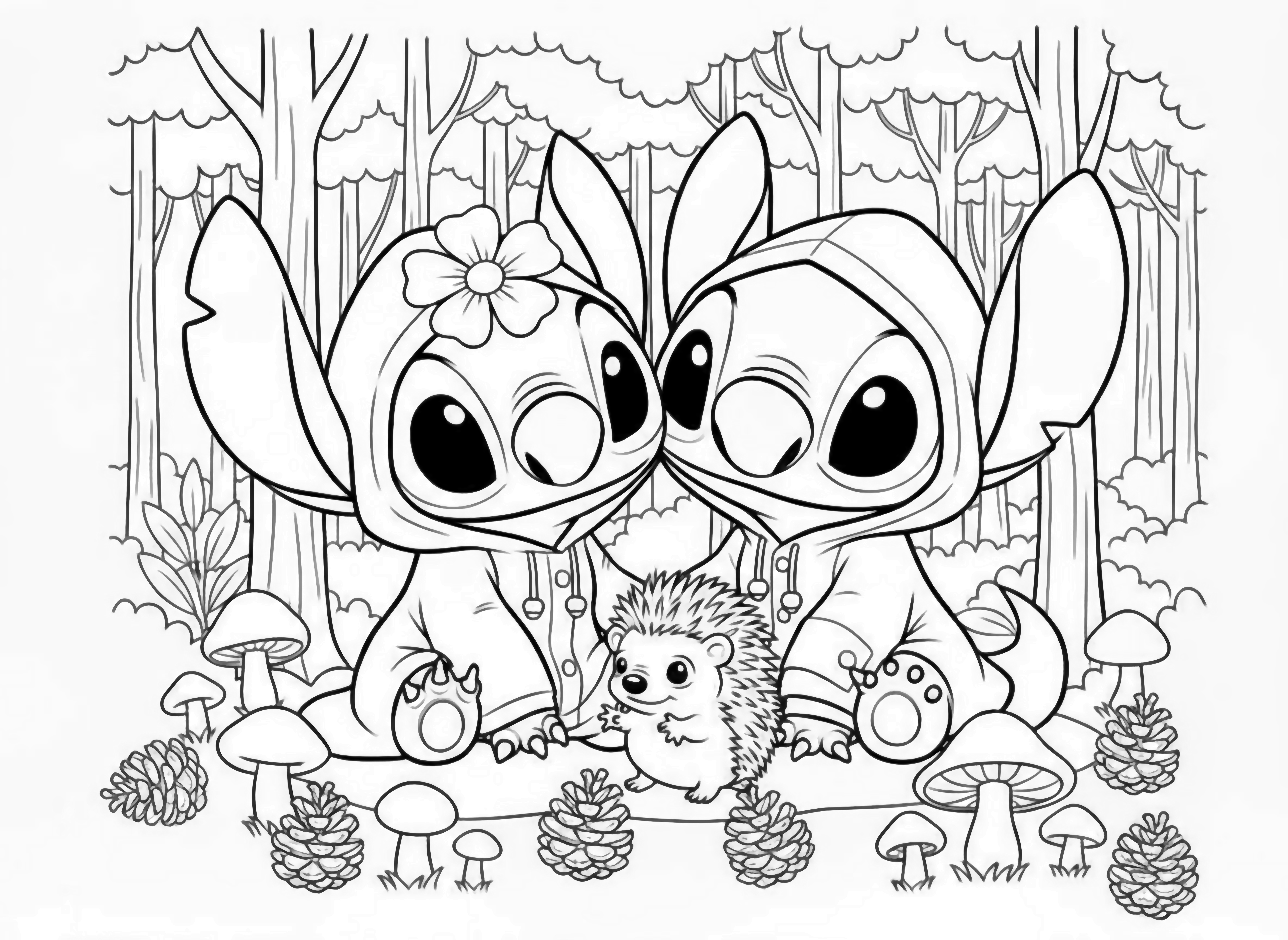 A page style illustration of two cute alien characters, one pink with a flower and one blue, sitting together and holding hands, with small hearts in the background. kleurplaat