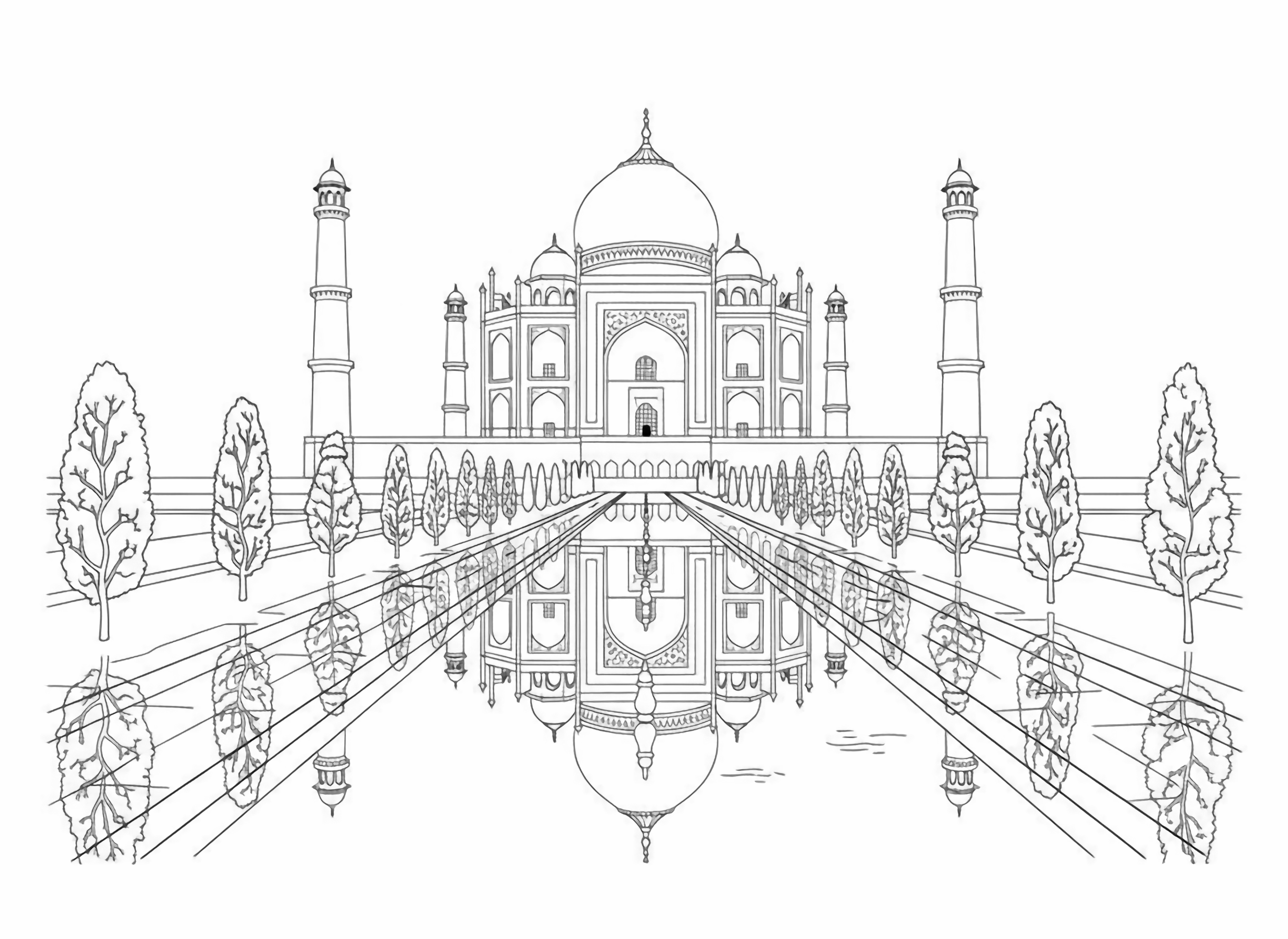 A page style illustration of the Taj Mahal centered with a long reflecting pool, flanked by symmetrical gardens and cypress trees under a clear sky. kleurplaat