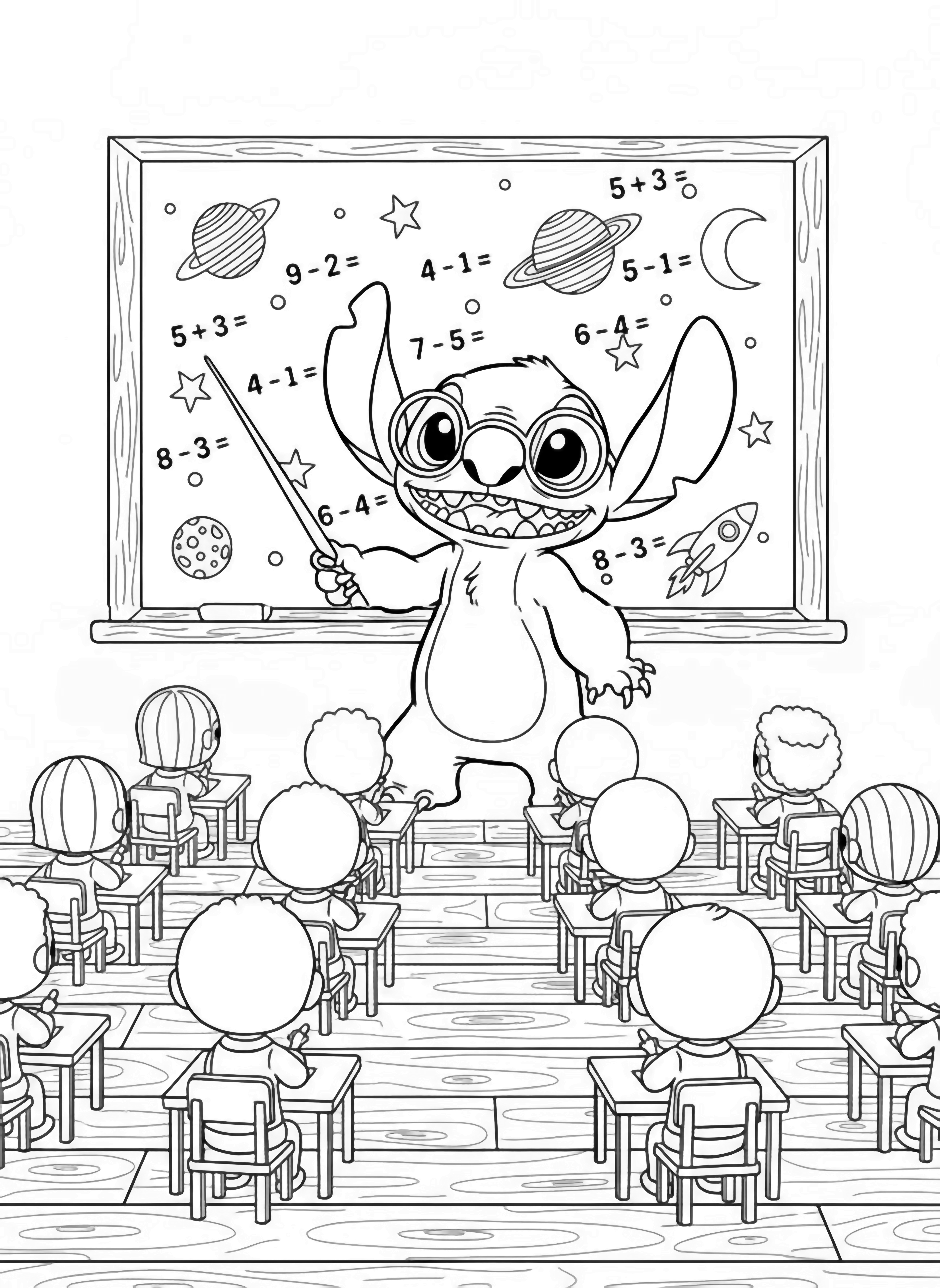 A black and white page showing the lovable alien Stitch standing cheerfully in front of a big school chalkboard Stitch wears tiny round glasses perched on his nose and holds a pointer stick in his furry hand looking like the happiest teacher ever The chalkboard behind him is filled with fun doodles of planets clean black and white line drawing minimal shading no colour no fill kleurplaat